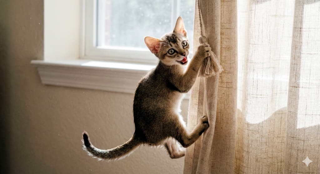 A Singapura kitten hangs onto a beige curtain near a sunlit window, gripping a decorative tassel with its front paws and bracing its hind legs against the fabric. Its mouth is open, possibly mid-meow or caught in a mischievous moment. The warm sunlight highlights the cat’s playful and agile nature. 日差しの差し込む窓辺で、シンガプーラの子猫がベージュのカーテンにぶら下がっている様子。猫は前足で装飾タッセルを掴み、後ろ足でカーテンを踏ん張っている。口を開けて鳴いているようにも見え、いたずらが見つかった瞬間のような表情。暖かな光に包まれた、好奇心と俊敏さを感じさせる一瞬