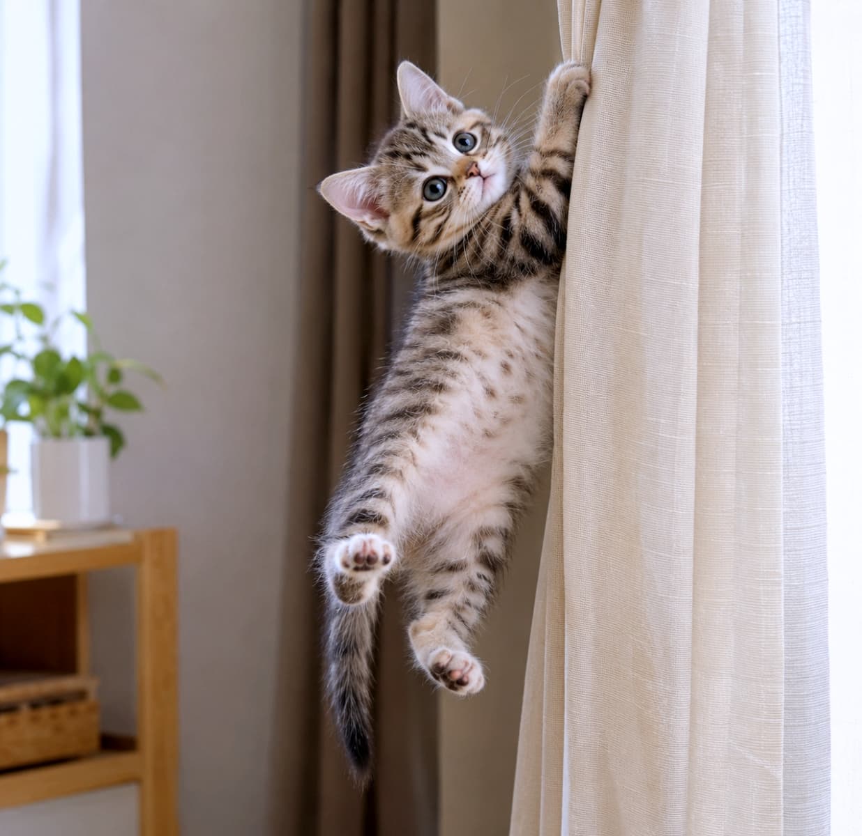 「カーテン登りの大冒険中🐈💨振り返るお顔の可愛さに心奪われますよね💖一緒に遊びたくなっちゃう！」Ultra-realistic high-quality photograph of an American Shorthair-style brown tabby kitten clinging desperately to a light beige curtain. The kitten looks back with large blue eyes in a bright room. Soft natural light highlights the beautiful striped pattern of its fur and its chubby belly. 明るい部屋で、淡いベージュのカーテンに必死にしがみつくアメリカンショートヘア風のキジトラ子猫。ブルーの大きな瞳でこちらを振り返る愛らしいポーズ。柔らかい自然光が被毛の美しい縞模様や、ぽっこりしたお腹を強調
