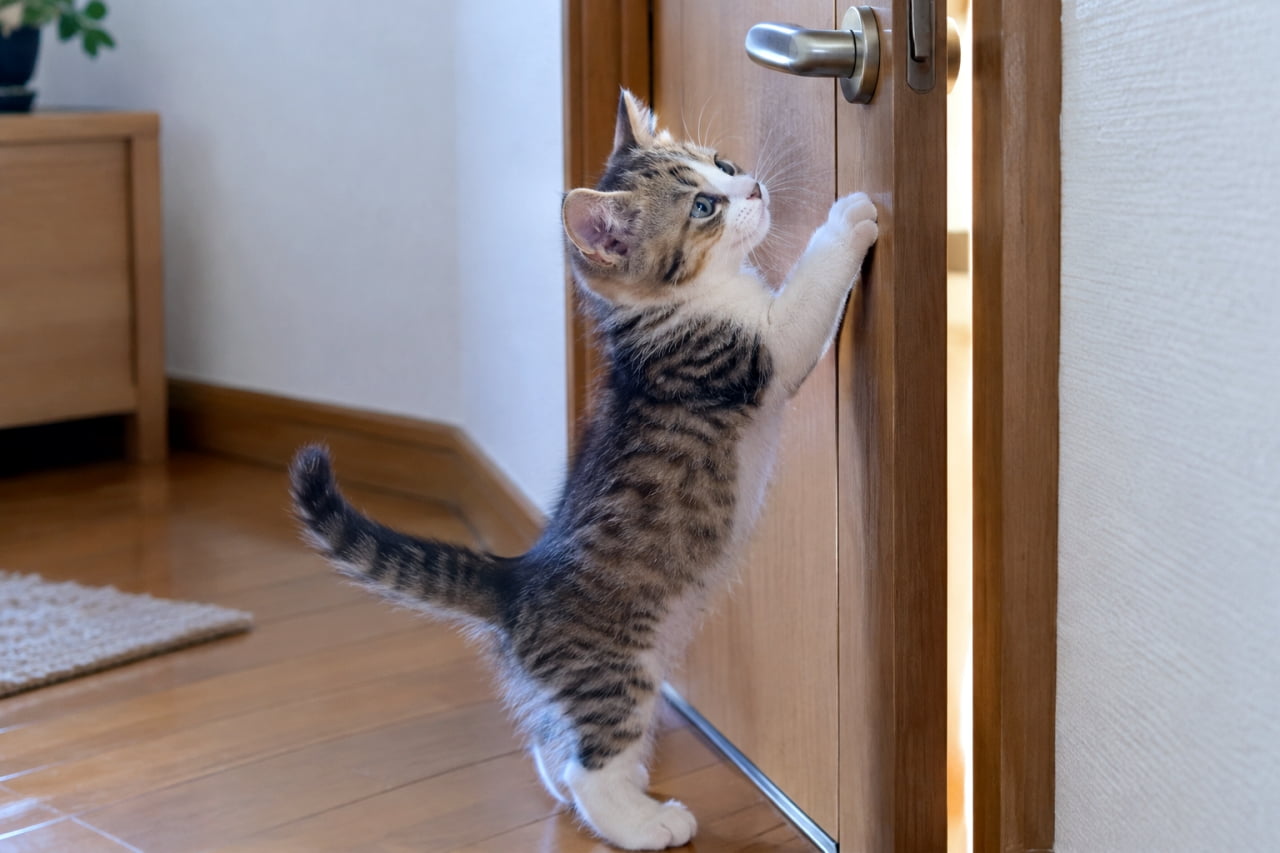 「新しいお部屋に興味津々🐾🚪背伸びして覗き込む姿が愛らしすぎます！この先には何が待っているのかな？✨ #猫好き #子猫 #好奇心 #日常の風景」Ultra-realistic high-quality photograph of a brown tabby and white kitten standing tall on its hind legs, reaching its front paws to peek through a slightly ajar wooden door. Warm light spilling through the gap gently highlights the kitten's silhouette, creating a dramatic scene of curiosity about the unknown. 少しだけ開いた木製ドアの隙間に向かって後ろ足で見事に立ち上がり、前足をかけて奥を覗き込もうとするキジ白の子猫。隙間から漏れる暖かな光が猫の輪郭を優しく照らし、未知の世界への好奇心を感じさせるドラマチックな一枚