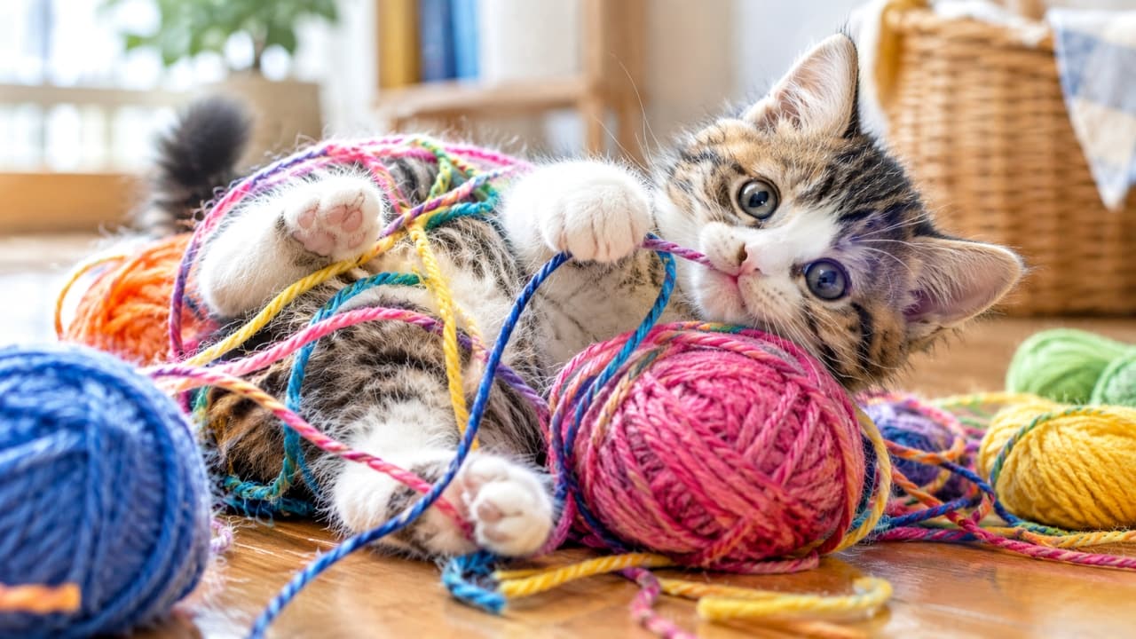 「毛糸玉の海で大はしゃぎ🧶🐾一生懸命遊ぶ姿がたまらなく愛おしいですよね！皆さんは何色が好きですか？🌈」Ultra-realistic high-quality photograph of a brown tabby and white kitten playing on its back, surrounded by vibrant balls of yarn in red, blue, and yellow. It playfully bites a blue string, showing off its pink toe beans. The kitten's wide eyes and fluffy fur pop against the colorful composition. 赤、青、黄色など色鮮やかな毛糸玉に囲まれ、仰向けで遊ぶキジ白の子猫。ピンクの肉球を見せながら青い毛糸をくわえる無邪気な姿。大きなどんぐり眼とふわふわの被毛が、ポップでカラフルな色彩に映える構図