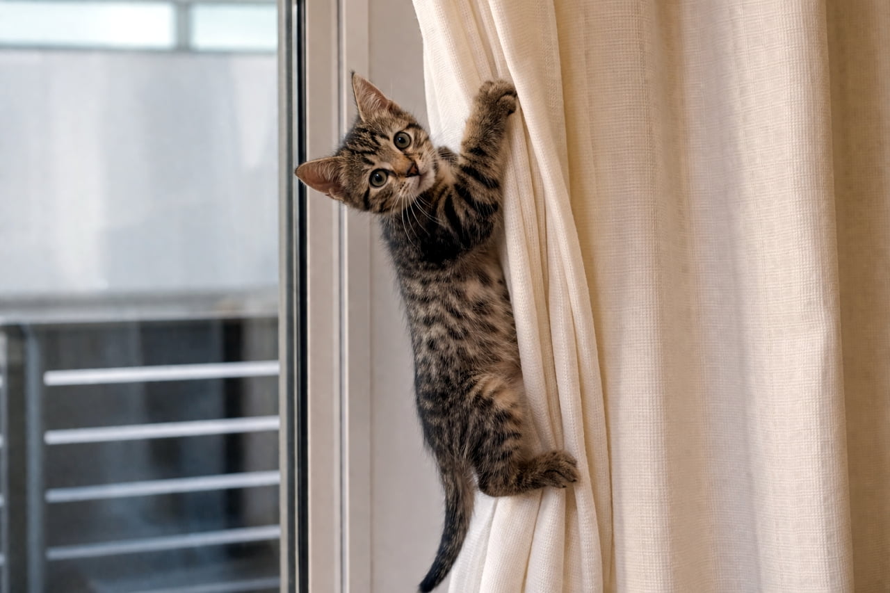 「スパイダーニャン参上!🕷️🐈 カーテンにしっかりつかまって、カメラ目線もバッチリ決めてくれました📸✨ #キジトラ #子猫の日常」Ultra-realistic high-quality photograph of a tabby kitten skillfully climbing and hanging onto a white drape curtain, looking directly at the camera with wide round eyes, with a balcony window in the background. 白いドレープカーテンに器用に登ってぶら下がり、まん丸な目でカメラをじっと見つめるキジトラの子猫。背景にバルコニーの窓が見える、高品質でリアルな写真