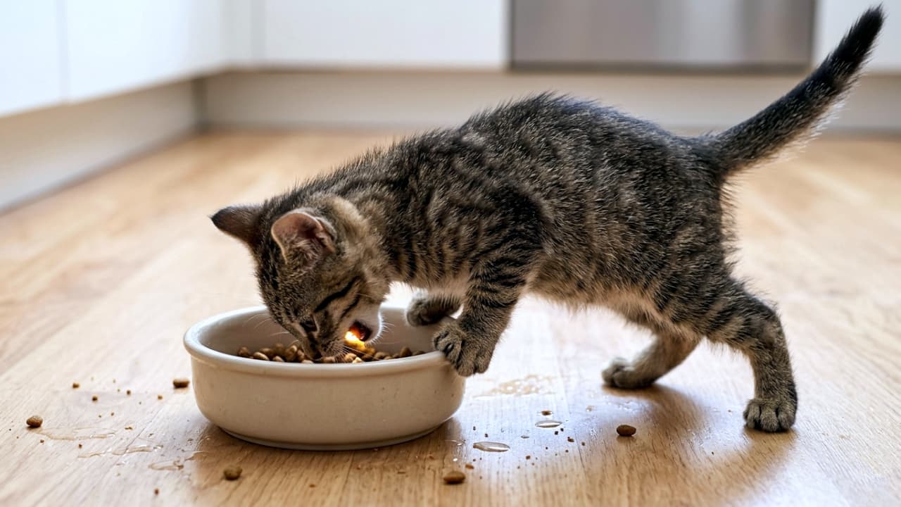 「おいしすぎてお口の周りが大惨事😹💦 夢中でガツガツ食べる姿がたまらなく愛おしいですね🍼✨」Ultra-realistic high-quality photograph of an eager tabby kitten messily eating dry food from a bowl on a light wooden floor, with scattered kibble and water droplets around it. 明るいフローリングの床で、キジトラ子猫が浅いボウルに入ったフードに顔を突っ込んで無我夢中で食べています。周囲にはフードの粒や水滴が飛び散っており、子猫の食欲旺盛でやんちゃな性格がダイレクトに伝わってくる、躍動感のある食事シーンです