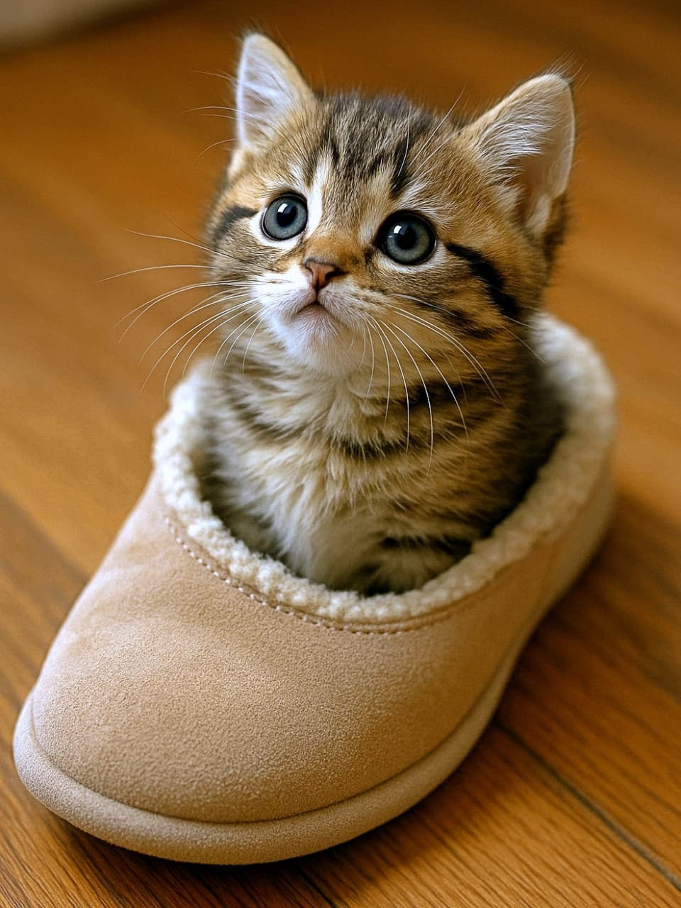 「スリッパが特等席になっちゃった?🩴🐈⬛ 潤んだ瞳の上目遣いは、もう反則級の可愛さです…🥺💕 #子猫のいる暮らし #癒やし画像 #スリッパ猫」Ultra-realistic high-quality photograph of a tabby kitten sitting snugly inside a beige suede slipper, looking up with innocent, moist eyes. The fine fur, whiskers, and the texture of the slipper's lining are clearly detailed against a wooden floor background. ベージュのスエード調スリッパの中にすっぽりと収まり、潤んだ瞳で無垢に上を見上げるキジトラの子猫。木目調の床を背景に、子猫の細かな毛並みやヒゲ、スリッパのボアの質感が鮮明に描写された高品質でリアルな写真