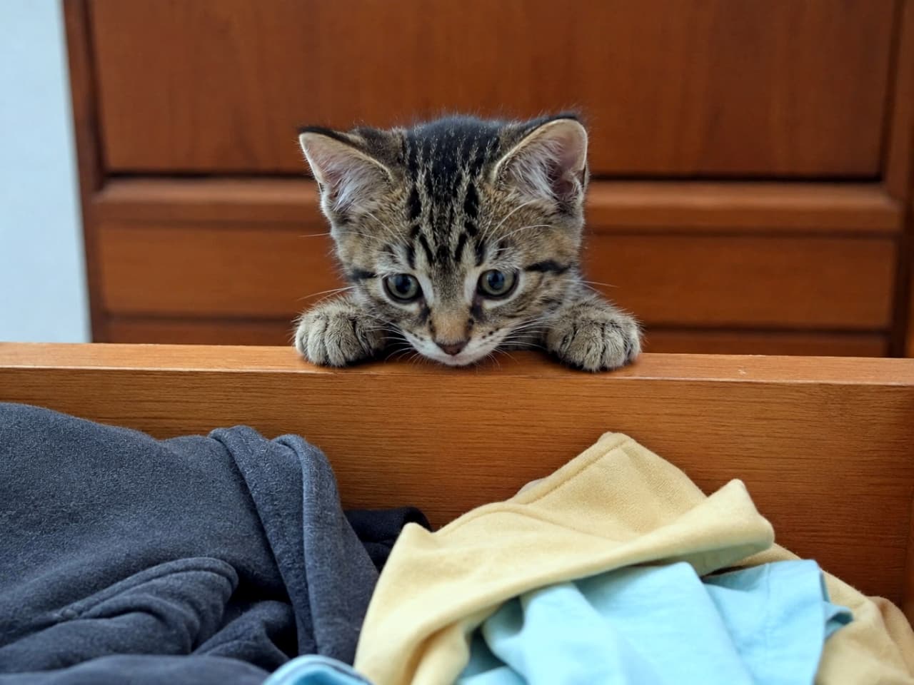 「引き出しの中からひょっこり👀お洋服の点検中かな?👕🐾 #子猫 #イタズラ猫 #日常風景」Ultra-realistic high-quality photograph of a tabby kitten resting its paws on a wooden drawer and peering inside at folded clothes. 木製のキャビネットの引き出しに前足をかけ、中に入っている服を真剣な表情で覗き込むキジトラ子猫の高画質な写真