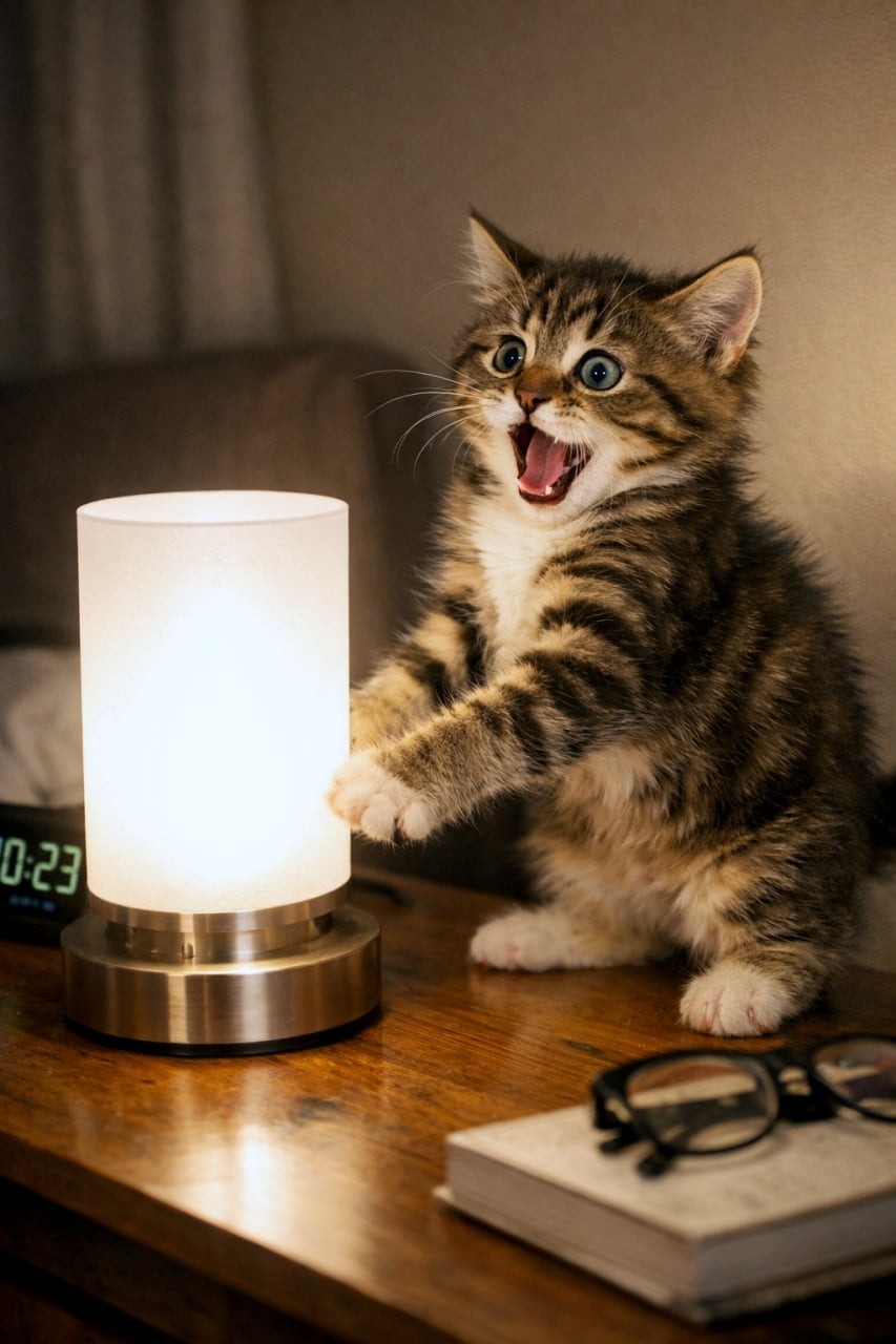 「「う、宇宙人⁉️」ランプの光にガチでびっくりしちゃった子猫ちゃん😂この表情、反則級に可愛い!👻💡 #びっくり猫 #子猫 #おもしろ画像 #夜の猫 #バズり」Ultra-realistic high-quality photograph. A dramatic night shot on a wooden nightstand. A tabby kitten with a hilarious, surprised, wide-mouthed expression leans away from and pats a glowing cylindrical table lamp. Glasses, a book, and a blurred digital clock are on the table. 夜の寝室、木製ナイトスタンドの上で、点灯している円柱型のテーブルランプに向かって前足を伸ばし、口を大きく開けて驚いているキジトラ子猫の様子。子猫は驚愕の表情でランプを見つめている。手前には眼鏡と本、奥にはデジタル時計がボケて見える