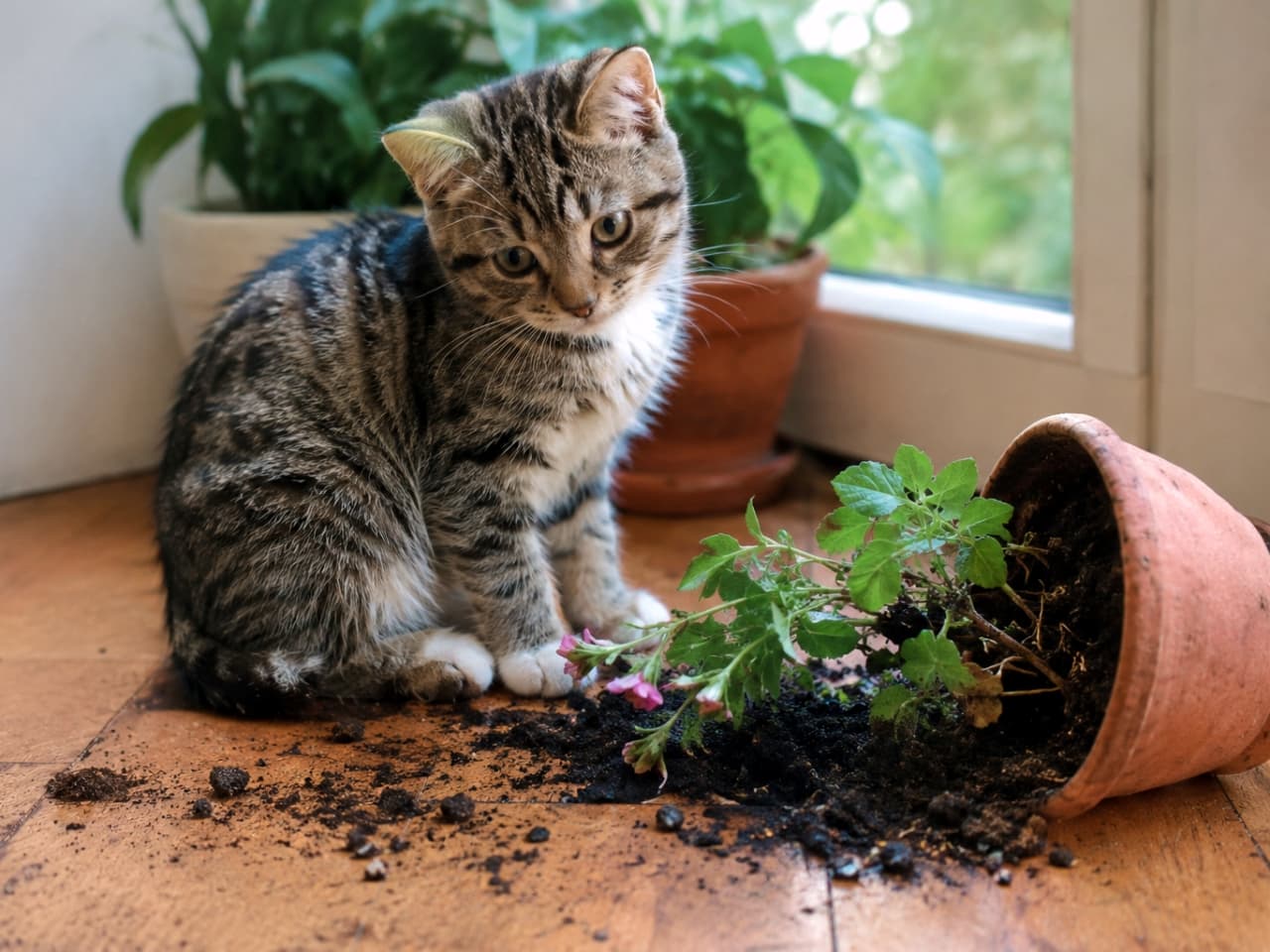 「あちゃー!鉢植え倒しちゃった…😹 反省してる(?)お顔が可愛すぎて怒れないですね🌱🐾」Ultra-realistic high-quality photograph of a tabby kitten sitting next to a knocked-over terracotta potted plant with spilled soil on a wooden floor near a window. 窓辺のフローリングに座るキジトラの子猫。目の前には倒れて土がこぼれたテラコッタの鉢植えがあり、少し反省しているような表情を見せている