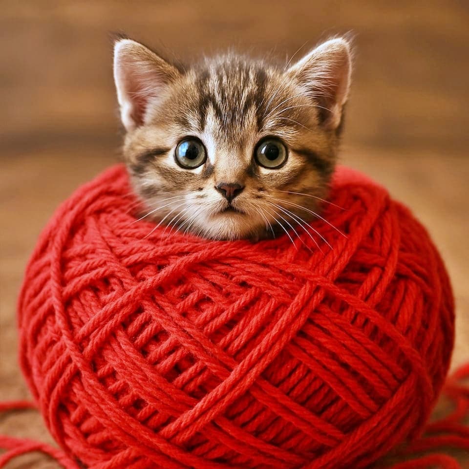 A small tabby kitten with wide, curious eyes peeks from the center of a tightly wound red yarn ball, set against a soft brown background that complements the warm fur tones in natural light. 小さなキジトラ子猫が、固く巻かれた赤い毛糸玉の中心から好奇心いっぱいの大きな瞳で顔を覗かせている。柔らかな茶色の背景が毛並みの暖色を引き立て、自然光がやさしく照らす