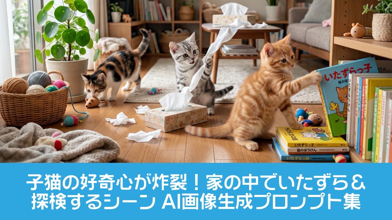 「お部屋が大変なことに🙀💦三毛、サバトラ、茶トラのちびっ子ギャングが大暴れ中！お片付けは後回しにして、ずっと見ていたい可愛さです💖🐾 #猫のいる暮らし #いたずら子猫」Ultra-realistic high-quality photograph of three mischievous kittens making a mess in a bright living room. On the left, a calico kitten plays with a toy mouse near a basket of yarn; in the center, a silver tabby kitten stands on its hind legs pulling tissues from a box; and on the right, an orange tabby kitten stands up to pull a picture book from a bookshelf. 観葉植物や本棚がある明るいリビングルームで、3匹の子猫が元気にいたずらをしている写真。左では三毛猫が毛糸カゴのそばでネズミのおもちゃと遊び、中央ではサバトラの子猫が立ち上がってティッシュ箱からティッシュを引っ張り出し、右では茶トラの子猫が本棚から絵本を落とそうとして立ち上がっている