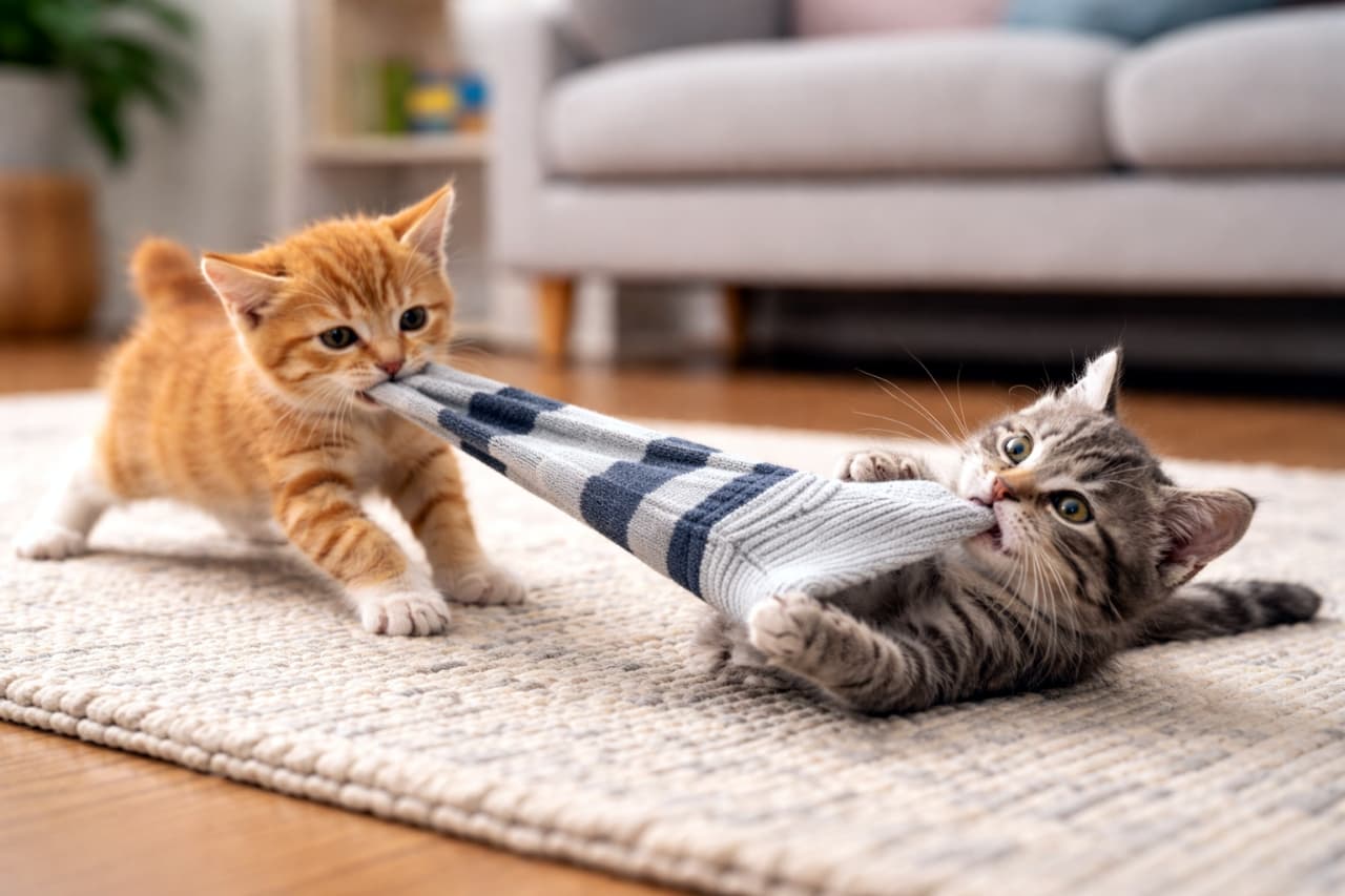 「絶対に負けられない戦いがここにある🔥🧦 子猫たちの本気の引っ張り合いっこ!🐾」Ultra-realistic high-quality photograph of a playful ginger kitten and a tabby kitten engaged in a tug-of-war with a striped sock on a textured rug in a cozy living room. ラグの上で、グレーと紺色のボーダー柄の靴下を両端から口に咥えて引っ張り合いをしている、茶トラの子猫とキジトラの子猫。白熱した遊びの様子が伝わる元気な構図です
