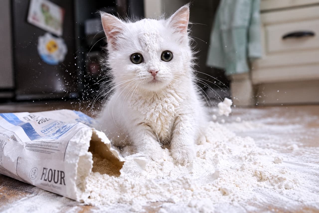 「「何もしてないニャ🐱」お顔も体も粉まみれ!いたずら現場を激写されたのに、きょとん顔が憎めない可愛さ🤍」Ultra-realistic high-quality photograph of a white kitten sitting on a torn bag of flour on a kitchen floor, completely covered in white powder with a blank expression. Flour particles are floating in the air. キッチンの床で破れた小麦粉の袋の上に座り、顔や体中が真っ白な粉まみれになっている、きょとんとした表情の白い子猫の高品質な写真。粉が宙に舞っている