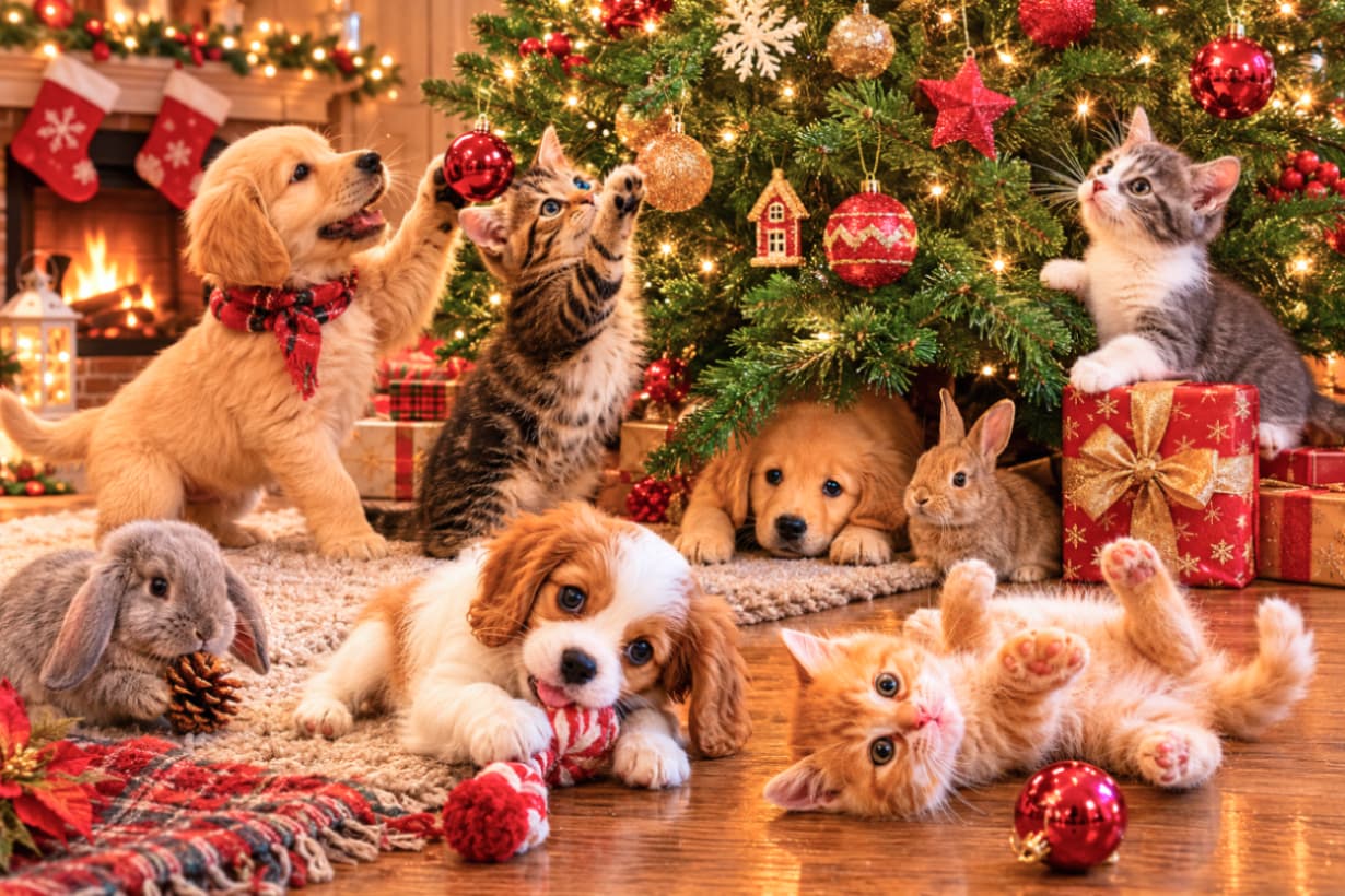 「メリー・モフモフ・クリスマス!🎄✨ みんなでツリーの飾り付け(?)中🎁 最高の癒しをプレゼント!🎅🐾 #クリスマスマジック #ペットのいる生活」Ultra-realistic high-quality photograph of adorable kittens, puppies, and bunnies playing around a warmly lit Christmas tree. Featuring a tabby kitten reaching for an ornament, a ginger kitten lying playfully, and a cozy fireplace glowing in the background, capturing a perfectly festive and heartwarming holiday scene. 暖炉の火が温かく照らす部屋で、煌びやかなクリスマスツリーを囲んで遊ぶ子猫、子犬、子ウサギたちの超リアルな高画質写真。オーナメントにじゃれつくキジトラの子猫、あおむけでくつろぐ茶トラの子猫、ゴールデンレトリバーやキャバリアの子犬が織りなす、ホリデーシーズンの幸せで平和な情景です