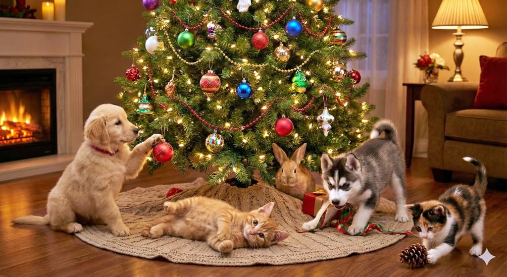 A festive indoor scene with a decorated Christmas tree surrounded by animals. A golden retriever puppy touches a red ornament, a ginger tabby cat lounges on a rug, and a brown rabbit sits upright. A husky puppy and a calico kitten play with red and green beads. The background includes a lit fireplace, a couch, and a lamp, creating a warm holiday atmosphere. 室内のクリスマスツリーのまわりで、子犬・子猫・ウサギが飾りと遊ぶ楽しい光景。ゴールデンレトリバーの子犬が赤いオーナメントに触れ、茶トラ猫がラグの上で寝そべり、茶色のウサギが立ち上がっている。ハスキーの子犬と三毛猫が赤と緑のビーズで遊び、背景には暖炉とソファ、ランプがある。温かく祝祭的な雰囲気に包まれた、愛らしい動物たちの冬のひととき