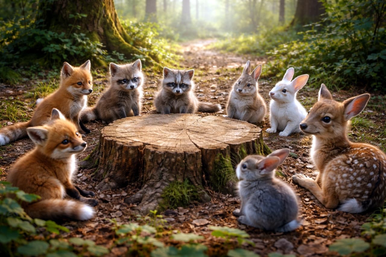 「森の妖精たちの秘密の会議?🦊🐰🦌切り株に集まる小さな仲間たちが可愛すぎる!✨ #動物の赤ちゃん #おとぎ話」Ultra-realistic high-quality photograph of a baby fox, raccoon, bunny, and fawn gathering around a large tree stump on a forest path, bathed in magical twilight lighting. It looks like a scene from a picture book. 夕暮れ時の魔法のような光に包まれた森の小道で、大きな切り株を囲むように集まる子ギツネ、アライグマ、ウサギ、子ジカの姿を描いた、超高画質でリアルな写真。まるで絵本の一場面のよう