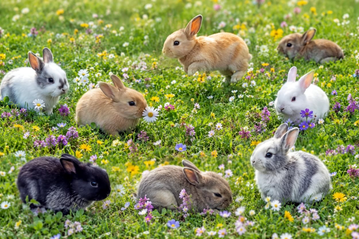 「ぽかぽか陽気の春の野原で、元気いっぱいに遊ぶウサギちゃんたち🐰🌸 見ているだけで心が癒されますね✨」Ultra-realistic high-quality photograph of adorable baby rabbits of various colors playing and jumping in a lush green meadow filled with blooming spring flowers under warm sunlight. デイジーなどの春の花が咲き乱れる緑の野原で遊ぶ、ふわふわの子ウサギたち。立ち耳の白ウサギ、茶色、黒色、グレーのウサギたちが集い、一羽が元気に宙高く飛び跳ねている、春の暖かな日差しに包まれた超リアルな風景