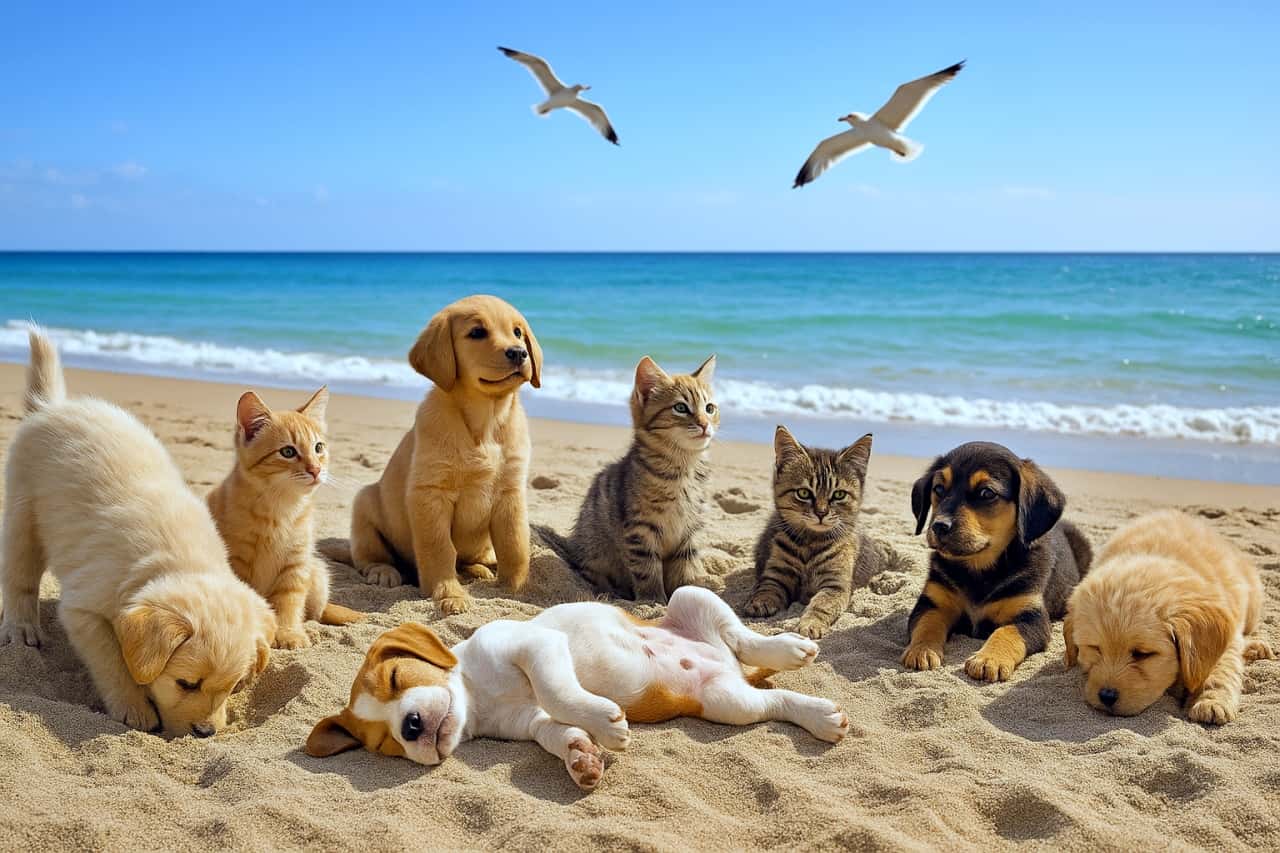 A group of playful puppies and kittens sitting and resting together on a sunny beach. Some puppies are digging in the sand, one is sleeping on its back, and the kittens sit alertly near the shoreline. Gentle waves, clear blue sky, and flying seagulls complete the peaceful seaside scene. 数匹の子犬と子猫が日差しの明るい砂浜で一緒に遊んだり休んだりしている様子。子犬が砂を掘ったり、1匹が仰向けで眠っていたり、子猫たちは海辺で周囲を見つめている。穏やかな波、青い空、そして上空を飛ぶカモメが雰囲気を彩っている 癒しのワンニャン砂浜パラダイス