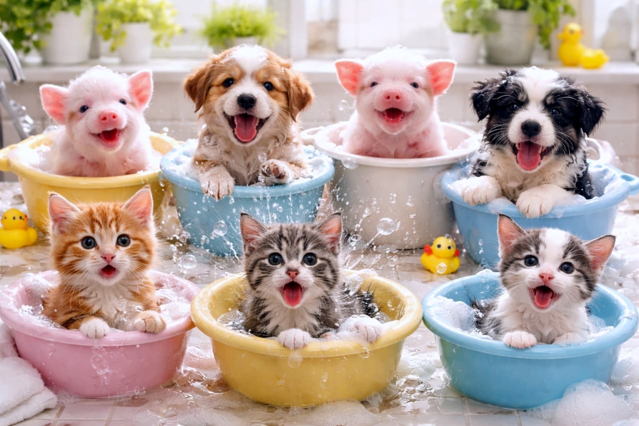 「あわあわお風呂でゴキゲン🛁✨子犬も子豚も子猫も、みーんな最高の笑顔を見せてくれています🫧💖」Ultra-realistic high-quality photograph of adorable baby animals including puppies, kittens, and a piglet, happily taking a bubble bath in colorful small tubs with splashing water and joyful expressions. 色とりどりの小さな洗面器に入り、楽しそうに泡風呂に入っている子犬、子猫、子豚たちの超リアルな高画質写真。弾ける水しぶきと動物たちの笑顔が印象的