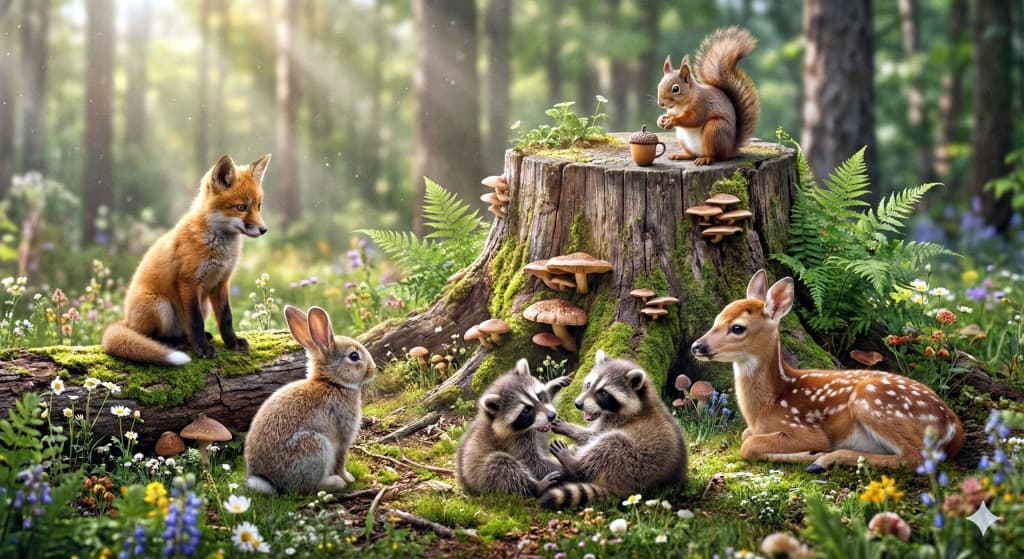 Woodland animals gather around a moss-covered tree stump in a forest. A fox sits on the left, a rabbit nearby, two raccoons play in the center, a fawn rests on the right, and a squirrel holding an acorn perches on the stump. The forest floor is rich with moss, ferns, mushrooms, and wildflowers, bathed in warm sunlight. 苔むした切り株のまわりに、キツネ、ウサギ、アライグマ、シカ、リスなどの森の動物たちが集まっている。キツネが左側に座り、ウサギが近くに、2匹のアライグマが中央で遊び、右側にはシカが横たわり、切り株の上にはドングリを持ったリスがいる。緑の苔やシダ、キノコ、野花が地面を彩り、木漏れ日が差す幻想的な森の風景