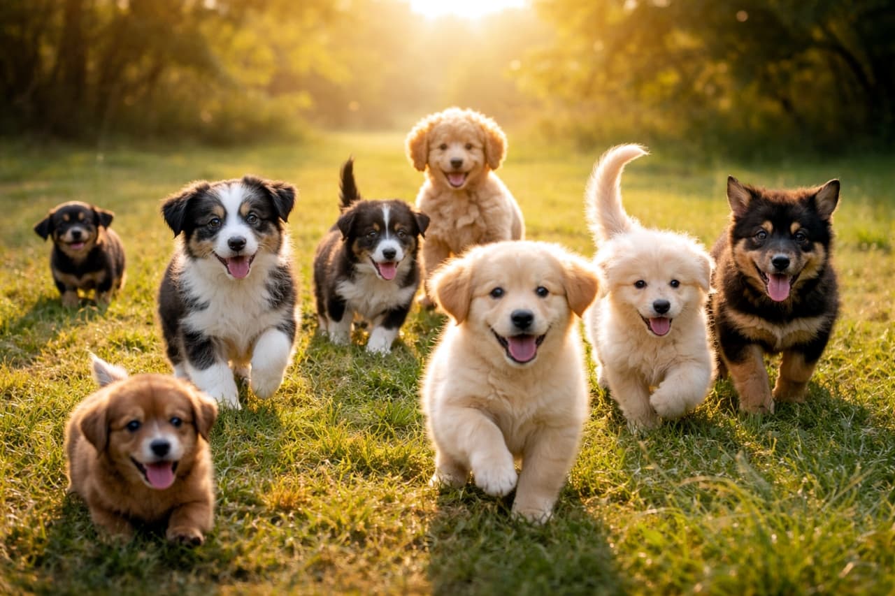 「みんなでよーいドン!🐶🐾元気いっぱい走ってくる子犬たちの大群に、朝からハッピーなパワーをもらえますね☀️」Ultra-realistic high-quality photograph of a diverse group of adorable puppies happily running towards the camera on green grass, beautifully illuminated by golden morning sunlight. 黄金色の朝日に照らされた緑の芝生の上を、ゴールデンレトリバーやコーギーなど様々な犬種の子犬たちが、楽しそうな笑顔で一斉にカメラに向かって走ってくる超高画質写真