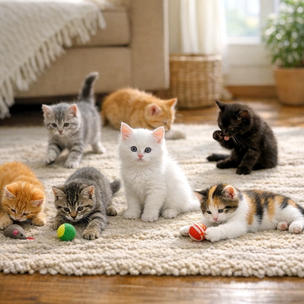 「7匹の仲良し子猫たちが大集合!おもちゃに夢中になったり、毛づくろいしたり、自由すぎる遊び時間に癒されちゃう🐾🧡」A group of seven adorable kittens of various breeds—ginger tabbies, brown tabby, grey tabby, white, black, and a calico—playing with toys and interacting on a soft, textured beige rug in a cozy living room. ベージュの質感のある柔らかいラグの上で、茶トラ、キジトラ、サバトラ、白、黒、三毛など様々な種類の7匹の愛らしい子猫が、おもちゃで遊んだりお互いに遊んだりしている様子を写したリビングルームのミディアムショット