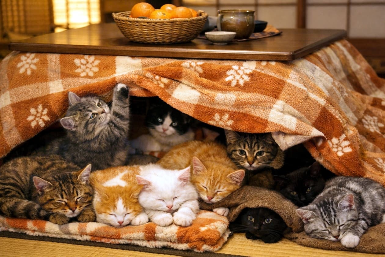 「こたつでぬくぬく最高にゃ〜🍊🐾ぎゅっとくっついて暖まる子猫たちに癒やされる冬のひととき✨ #猫のいる暮らし #こたつ猫」Ultra-realistic high-quality photograph of multiple cute tabby, white, and ginger kittens relaxing and snuggling together under a traditional Japanese kotatsu table in winter. Featuring a table with mandarin oranges and a warm orange checkered blanket. 日本の伝統的な冬の風景であるこたつの中で、複数の可愛らしいキジトラや白猫、茶トラの子猫たちが身を寄せ合ってくつろぐ、超高画質でリアルな写真。みかんの乗ったテーブルと暖かいオレンジ色のチェック柄毛布が特徴的