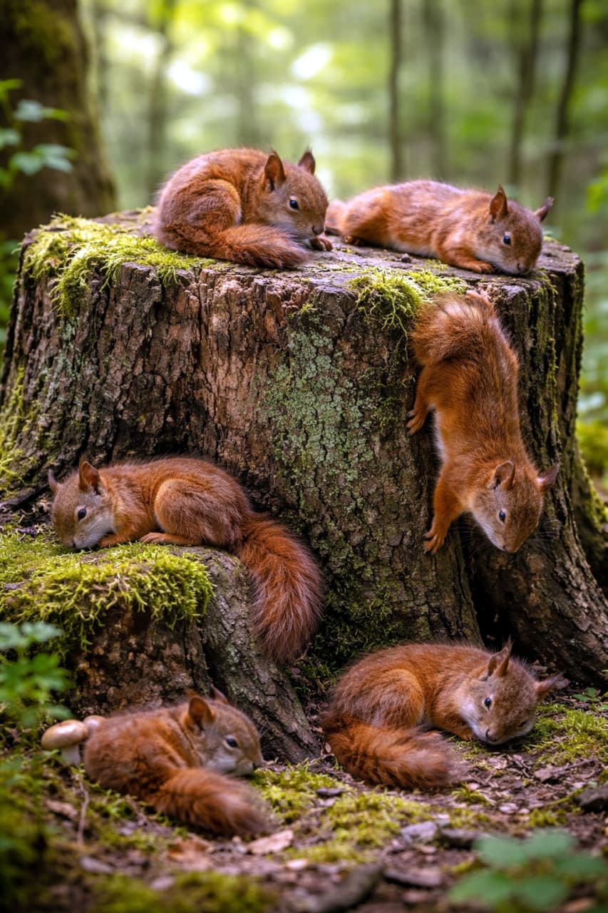「森のベッドでスヤスヤお昼寝中…🐿️🌿ふわふわのしっぽと無防備な寝顔にキュンとします💕 #リス #森の動物」Ultra-realistic high-quality photograph of multiple red squirrels sleeping and relaxing on and around a mossy tree stump in a deep green forest. Soft dappled sunlight creates a magical atmosphere. 深い緑の森の中で、苔むした木の切り株の上や根元でリラックスして昼寝をしている複数のアカリスたちを捉えた、超高画質でリアルな写真。柔らかな木漏れ日が幻想的な雰囲気を醸し出している