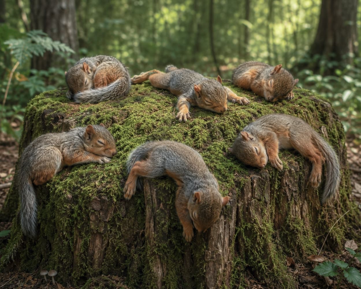 「頑張った日は、このリスさんたちみたいに思いっきりダラダラしちゃおう🌿💤癒やし度100%の寝顔にきゅん♡」Ultra-realistic high-quality photograph of five adorable squirrels sleeping peacefully in various poses on a large, moss-covered tree stump in a vibrant, sunlit forest. 木漏れ日が差し込む緑豊かな森の中、ふかふかの苔が生えた大きな切り株の上で、5匹のリスが思い思いのポーズでぐっすりと眠っている様子。茶色とグレーが混ざった美しい毛並みと、安心しきった安らかな表情が静寂と癒やしを感じさせます