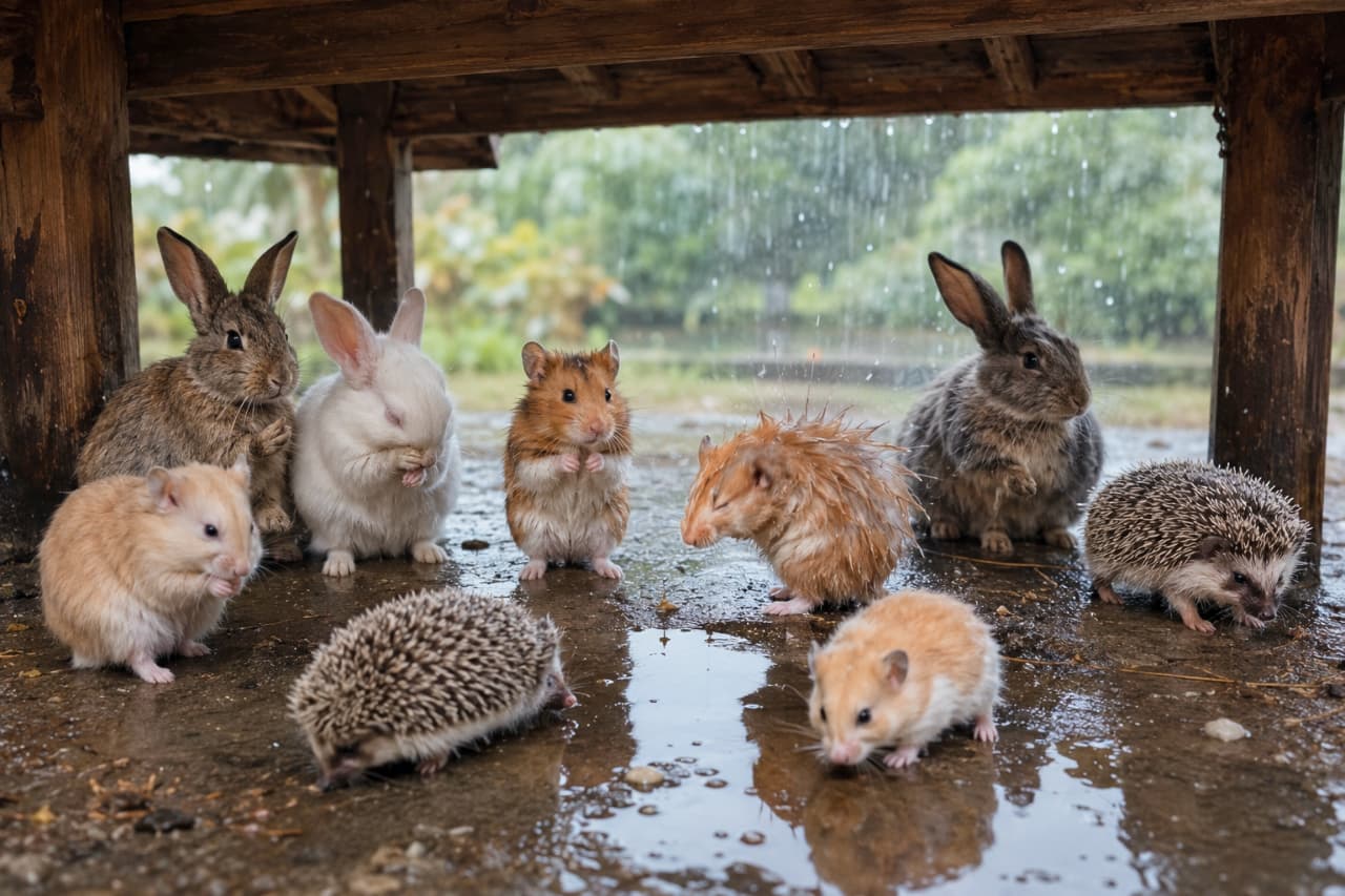 「早く雨がやまないかなぁ…🥺☔みんなで身を寄せ合って雨宿りする姿が、たまらなく愛おしいですよね💕」Ultra-realistic high-quality photograph of small adorable animals including rabbits, hamsters, and hedgehogs huddling together to take shelter from the rain under a wooden structure, with wet fur and reflections in the puddles. 激しい雨が降る中、木造の軒下に集まって雨宿りをする小さな動物たち。濡れた毛を繕うウサギやハムスター、丸まったハリネズミなどが寄り添い合っており、水たまりに反射する姿や、しっとりとした雨の質感が自然の厳しさと愛らしさを伝えています