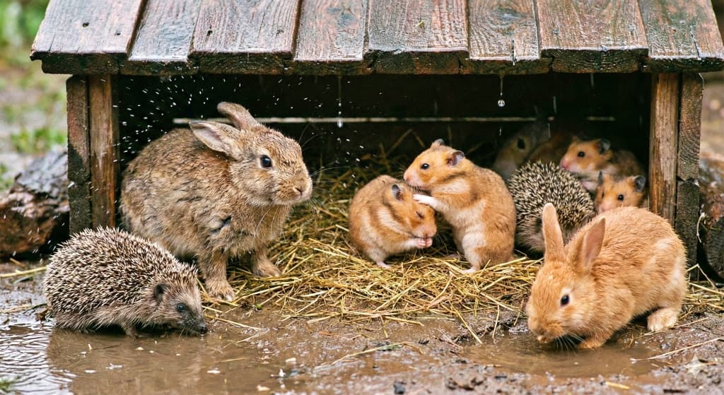 Under a wooden shelter with a straw-covered floor, rabbits, guinea pigs, and hedgehogs gather to avoid the rain. The ground is wet with visible droplets, and at least three rabbits, four guinea pigs, and two hedgehogs are present. The scene captures interspecies interaction and sheltering behavior in a natural setting. わらが敷かれた木製の小屋の下で、雨を避けるウサギ、モルモット、ハリネズミたちが集まっている。地面は濡れていて水滴が舞っており、3匹のウサギ、4匹のモルモット、2匹のハリネズミが見える。異なる種の小動物たちが自然の中で共に過ごす、優しい交流の瞬間