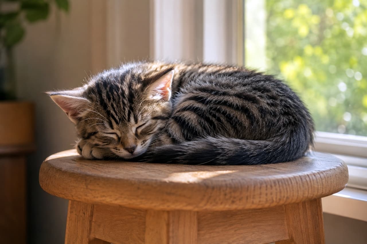 「ぽかぽかスポットを見つける天才🌞 まん丸になって眠る姿は、まるで小さなアンモナイトみたいですね🐈🌀」Ultra-realistic high-quality photograph of a brown tabby kitten curled up tightly and sleeping on a wooden stool by a window, with warm sunlight highlighting its beautiful striped fur. 窓辺の木製スツールの上で、小さな体をギュッと丸めて眠るキジトラ（ブラウンタビー）の子猫。窓から差し込む斜光が、美しく整った縞模様の被毛とピンと立った耳の輪郭を捉え、室内の温かで静かな日常の一コマを切り取っています