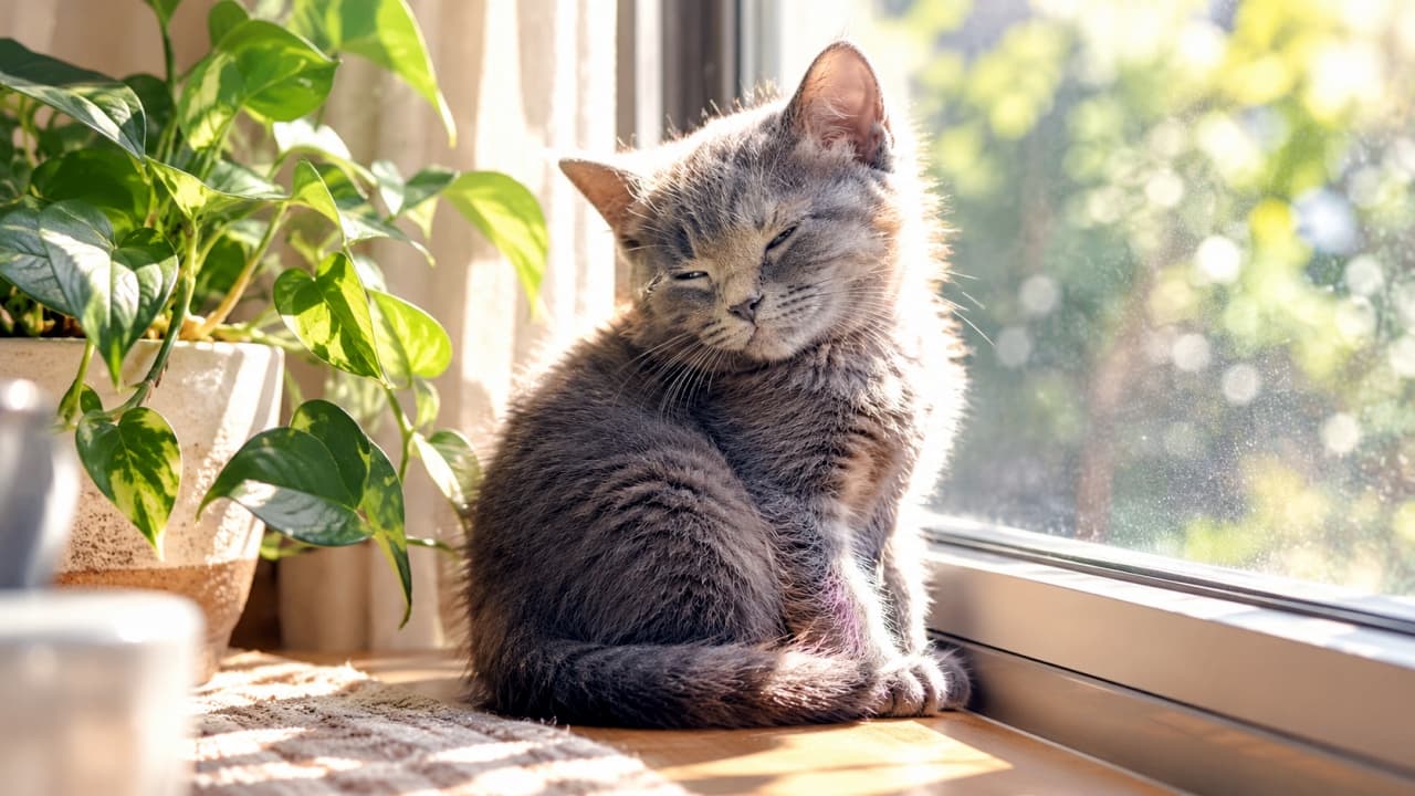 「陽だまりでうとうと🐈✨眩しそうに目を細めている灰色の子猫ちゃん。窓辺のリラックスタイム、見ているこちらも眠くなりそう😴 #灰色猫 #子猫 #お昼寝 #窓辺」An ultra-realistic high-quality photograph of a grey (blue) Chartreux-like kitten, sitting and napping in a sunbeam on a bright windowsill, squinting against the sunlight. Its eyes are narrowed. A lush green pothos plant in a ceramic pot is beside it. The background shows soft window light. The kitten's squinting eyes, fur texture, and leaf veins are in sharp detail. 明るい窓辺で、陽だまりの中に座ってうとうとしている、灰色(ブルー)の被毛を持つシャルトリュー(またはブリティッシュショートヘア)風の子猫。太陽の光が眩しそうに、目を細めて座っています。横には陶器の鉢に植えられた緑豊かなポトスの植物があり、背景の窓からは柔らかな光が差し込んでいます。猫の細めた目、被毛の質感、植物の葉脈がリアルに描写された高画質写真