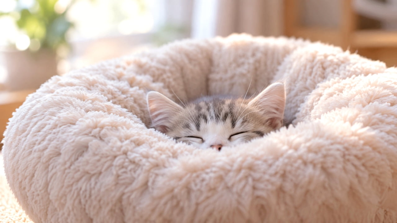 「ぽふっとベッドに埋もれてスヤスヤ💤お顔だけ出してる姿が最高に愛おしいですね🐈✨ #子猫 #猫ベッド #お昼寝タイム」Ultra-realistic high-quality photograph of a silver tabby and white kitten sleeping deeply buried in the center of a voluminous, fluffy beige round bed. Only its forehead with an 'M' mark, closed eyes, and small pink nose are visible in the warm sunlight. ボリュームたっぷりのベージュ色の丸い起毛ベッドの中央に深く沈み込み、顔の半分を埋めて眠るサバトラ白の子猫。おでこのM字模様と閉じた瞳、小さなピンクの鼻だけが覗いています。温かい陽だまりの光に包まれた、安心感あふれる高画質写真