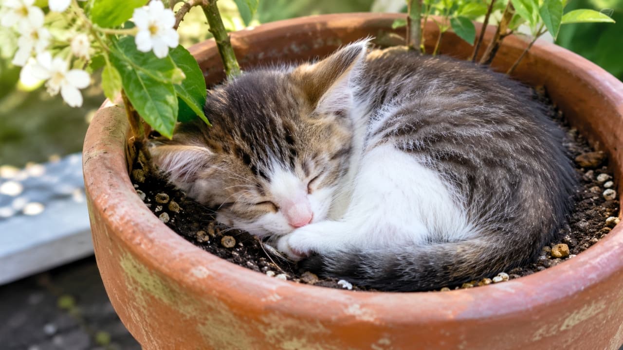 「植木鉢の中がお気に入りの場所?土の上がひんやりして気持ちいいね🐈🌿 #猫 #子猫 #お昼寝 #ガーデニング」Ultra-realistic high-quality photograph of a tabby kitten curled up sleeping on damp soil inside a terracotta plant pot in a garden. Its eyes are closed, paws tucked near its face. White flowers and green foliage form the background, capturing textures of soil and fur in natural light. 庭先にあるテラコッタ製の植木鉢の中、湿った土の上で体を丸めて眠るサバトラ(キジトラ風)の子猫。目を閉じ、肉球を顔の近くに寄せて安心しきっています。背景には白い花が咲く植物の緑の葉があり、自然光の中で土の質感と猫の毛並みがリアルに描写された高画質写真