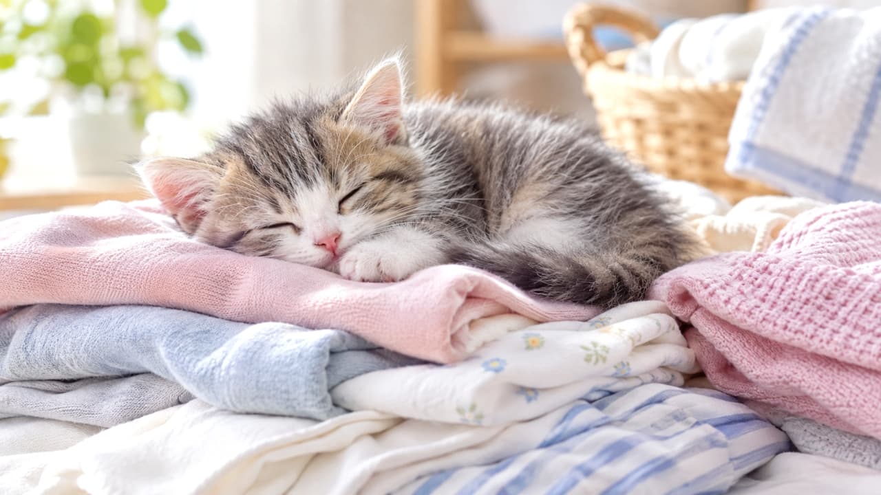 「洗濯物の上が一番落ち着く場所👗✨暖かくて良い匂いがするのかな?🐈💤 #猫 #子猫 #お昼寝 #洗濯」Ultra-realistic high-quality photograph of a silver tabby and white kitten lying down and fast asleep atop a pile of freshly folded or stacked clean laundry (pink, blue, striped clothes, towels). Its eyes are closed, front paw near face. Captures textures of soft fabric, fur, and bright natural window light. Background basket. 畳まれた、または積み上げられた清潔な洗濯物(ピンク、水色、ストライプ柄の衣類やタオル)の山の上で、体を横たえて深く眠るサバトラ白の子猫。目を閉じ、前足を顔に添えています。柔らかな衣類の質感と、子猫の被毛の質感、窓から差し込む明るい自然光が詳細に描写された高画質写真です。背景にはバスケットが見えます