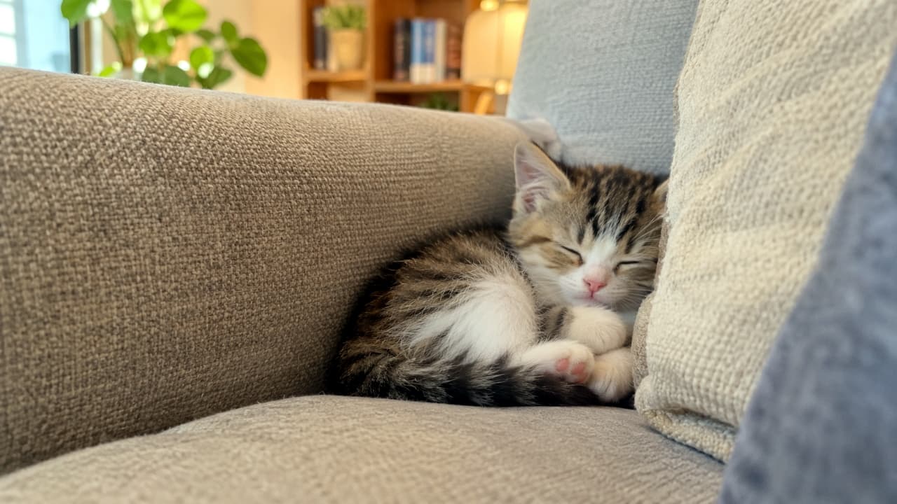 「ソファの隙間って最高に落ち着く特等席にゃんだよね🐈💤スヤスヤ寝顔に癒やされる休日の午後✨ #子猫 #お昼寝 #キジトラ白」Ultra-realistic high-quality photograph of a brown tabby and white kitten sleeping curled up in the narrow space between a beige sofa and a grey cushion. It has its eyes tightly closed and front paws folded, showing a completely relaxed expression. The soft fur, pink nose, and cozy interior textures are captured beautifully. ベージュ色のソファの背もたれとグレーのクッションの狭い隙間にすっぽりと収まり、体を丸めて眠るキジトラ白の子猫。目をギュッと閉じ、小さな前足を顔の前にたたんで安心しきった表情を浮かべています。柔らかそうな被毛とピンク色のお鼻、落ち着いたトーンのインテリアの質感が伝わる高画質
