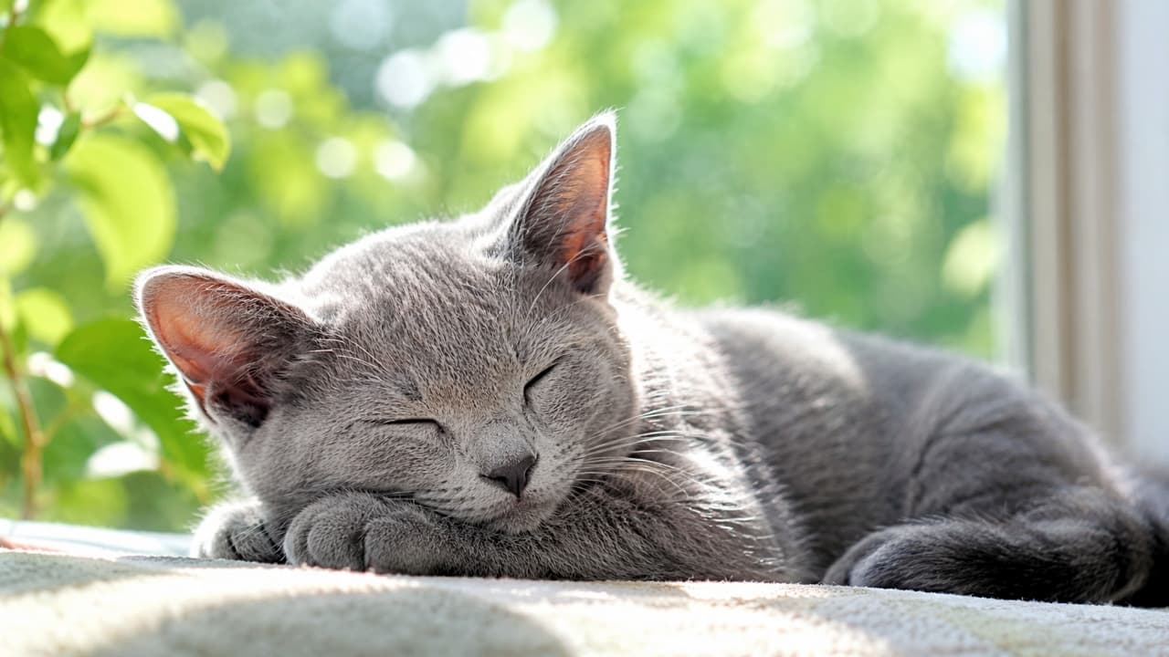 「ぽかぽかの窓辺でスヤスヤ🐈💤美しいグレーの毛並みが太陽の光でキラキラ輝いています✨優雅なお昼寝タイムですね🌿 #ロシアンブルー #猫のいる暮らし #窓辺」Ultra-realistic high-quality photograph of a beautiful Russian Blue kitten sleeping peacefully by a window bathed in soft, bright natural light. Its elegant, shiny coat contrasts beautifully with the vivid, blurred green foliage in the background. 柔らかな自然光がたっぷりと差し込む窓辺で、気持ちよさそうに眠るロシアンブルーの子猫。目を閉じ、顔を前足に乗せて優雅にリラックスしています。美しいグレーの被毛の艶と、背景に広がる鮮やかな新緑のボケ味が美しく調和した高画質写真