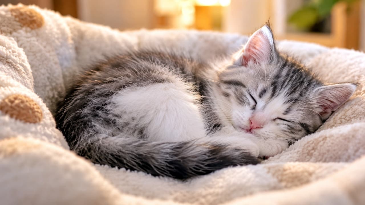「ふかふかベッドで夢の中🐈💤この幸せそうな寝顔、ずっと見ていたくなりますね✨ #子猫 #お昼寝 #癒やし」Ultra-realistic high-quality photograph of a silver tabby and white kitten curled up fast asleep in a plush, long-pile beige pet bed. It has its eyes closed and face nestled into its paws, exhibiting a perfectly peaceful expression. Detailed description of the soft fur texture, pink nose, and warm, dappled background light. 毛足の長い、ふかふかとしたベージュ色の子猫用ベッドの中で、体を丸めて深く眠るサバトラ白の子猫。目を閉じ、顔を前足にうずめて安心しきった表情をしています。柔らかな被毛の質感、ピンク色のお鼻、木漏れ日のような暖かな光が差し込む背景が詳細に描写された高画質写真