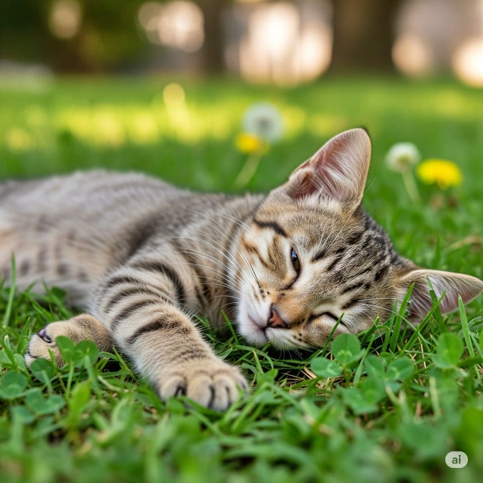 「草原でゴロンとお昼寝中🐈💤この無防備な寝顔、ずっと見ていたくなりますね✨ #キジトラ #子猫 #お昼寝 #癒やし」An ultra-realistic high-quality photograph of a tabby kitten sleeping peacefully on its side in a vibrant green grass field. Its brown and black striped fur is beautifully illuminated by soft natural light from the right, showing detailed textures. Eyes closed, with its left front paw extended in a relaxed pose. Yellow dandelions and warm bokeh of sunlight through trees are in the background. 鮮やかな緑の草むらの中で、体を横にして安らかに眠るキジトラの子猫。茶色と黒の縞模様の毛並みが、右側から差し込む柔らかな自然光に照らされ、リアルな質感が描写されている。目は閉じ、左前足を前に伸ばしてリラックスしたポーズをとっている。背景には黄色いタンポポの花と、暖かくボケた木漏れ日が広がる。超リアルな高画質写真