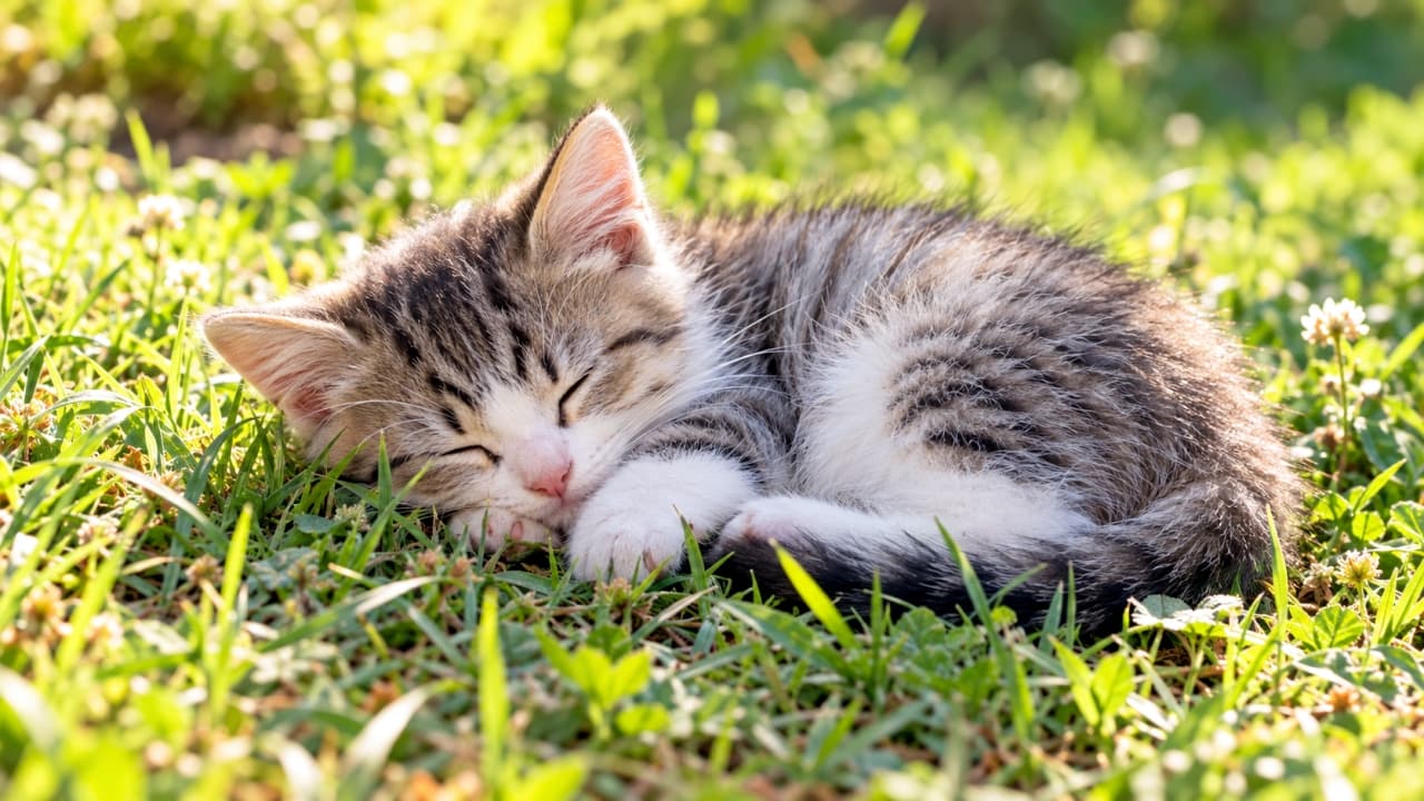 「ポカポカ陽気でスヤスヤ夢の中🐈💤緑のベッドがとっても気持ちよさそうですね✨天使の寝顔に癒やされます💕 #子猫 #お昼寝 #猫好きさんと繋がりたい」Ultra-realistic high-quality photograph of a tabby and white kitten sleeping curled up in vibrant green grass, illuminated by sunlight. It rests its head on its paws with a completely relaxed expression, surrounded by a beautifully blurred natural background. 太陽の光が差し込む緑の草むらの中で、体を丸めて眠るキジトラ白(キジ白)の子猫。目をしっかりと閉じ、顔を前足に乗せて安心しきった表情をしています。風になびく柔らかな毛並みと、背景の草花の美しいボケ味、光のコントラストが自然の温もりを感じさせる高画質写真