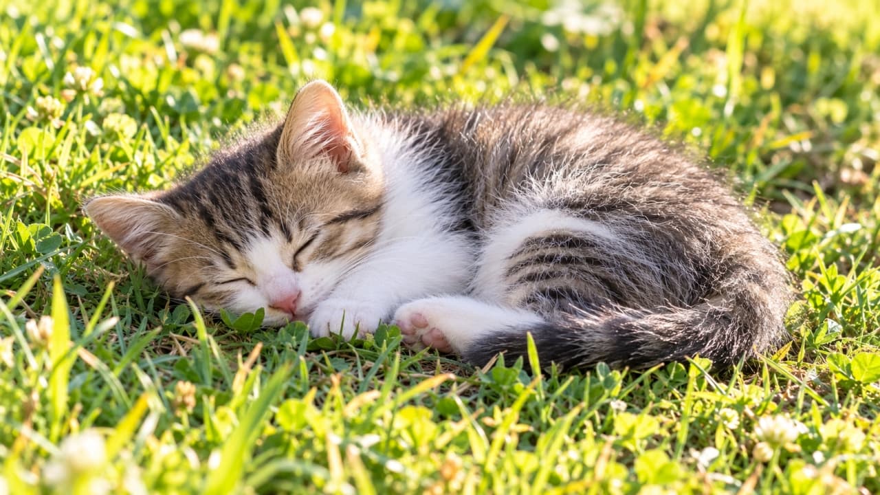 「お日様の下で夢心地🐈✨草むらがお布団代わりの子猫ちゃん、幸せそうな寝顔に癒やされます💕 #猫好き #子猫 #お昼寝」An ultra-realistic high-quality photograph of a small tabby-and-white kitten curled up asleep within a vibrant green meadow. Its eyes are closed, face rested against its paw, peacefully sleeping. The texture of its soft fur, pink paw pads, and illuminated coat details are captured. The background features beautifully blurred grass and small flowers. 鮮やかな緑の草むらの中で、体を丸めて眠る、白地に茶色と黒のタビー(キジトラ白)模様の小さな子猫。目を閉じ、顔を肉球に寄せて安らかに眠っています。柔らかな被毛の質感、ピンク色の肉球、光が当たって輝く毛並みが詳細に描写された、超リアルな高画質写真です。背景は美しいボケ味のある草花