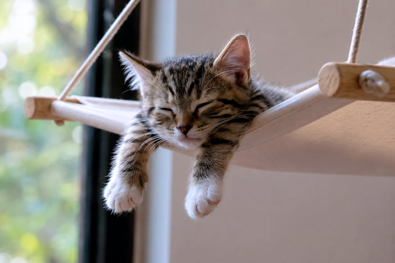 「完全に電池切れです🔋💤 おててをだらーんとして眠る姿が、日々の疲れを全部吹き飛ばしてくれますね🌿」Ultra-realistic high-quality photograph of a brown tabby kitten sleeping in a window hammock, completely relaxed with its front paws dangling over the edge, against a soft-focus background of trees outside. 窓辺に設置されたキャンバス地のハンモックで、完全に脱力して眠るキジトラの子猫。ハンモックの縁から両前足をだらんと垂らし、目を閉じて幸せそうにまどろむ姿と、背景の窓越しの緑のボケみが、のどかでリラックスした空間を演出しています