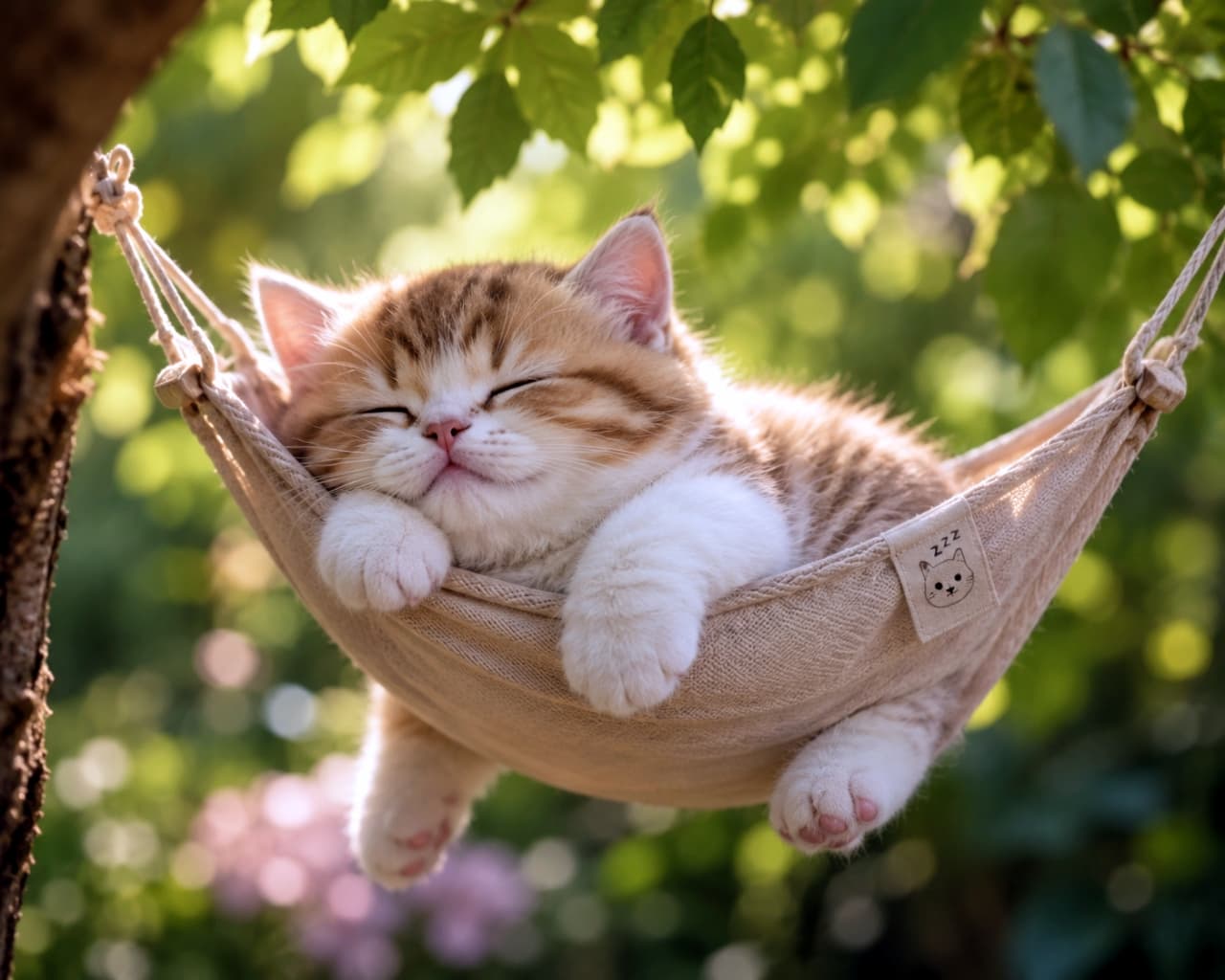 「森の特等席でお昼寝中🌳💤 ピンクのお鼻とぷっくりしたマズルに、思わずつんつんしたくなっちゃう可愛さです！」Ultra-realistic high-quality photograph of a ginger and white kitten sleeping soundly in a small fabric hammock outdoors, with dappled sunlight highlighting its soft fur and relaxed paws hanging over the edge. 新緑が美しい木漏れ日の中、布製の小さなハンモックで熟睡する茶白ハチワレの子猫。鮮やかなオレンジと白のコントラストが美しい被毛、ピンク色の鼻、そしてリラックスしてハンモックの縁からだらんと垂れた白い前足が、穏やかな午後の静寂を感じさせます