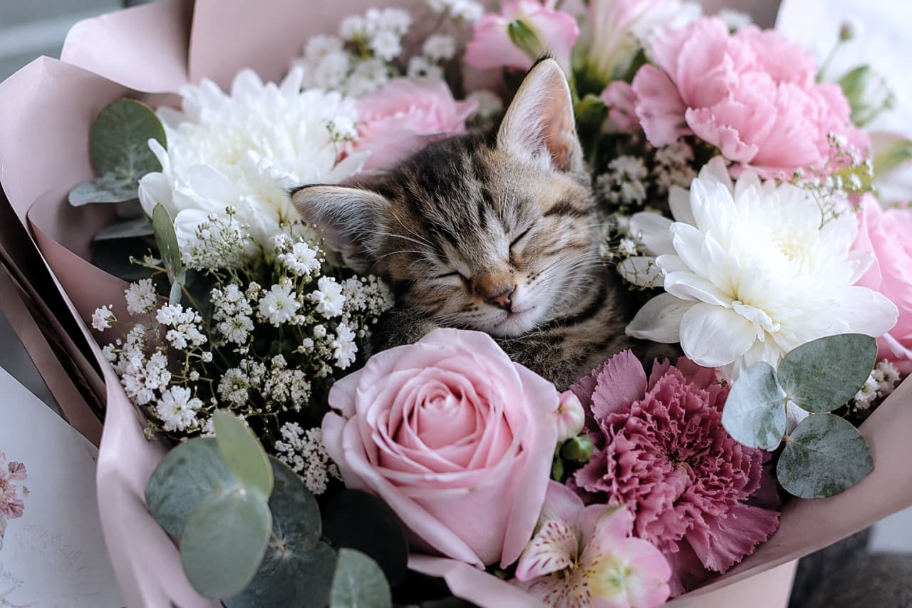 「お花の香りに包まれて夢の中へ…贅沢すぎるお昼寝タイムに癒やされてください💐✨ #猫のいる暮らし #癒やし動画」Ultra-realistic high-quality photograph of a tiny brown tabby kitten sleeping peacefully nestled inside a beautiful bouquet of flowers. The bouquet features soft pink roses, carnations, white chrysanthemums, baby's breath, and eucalyptus leaves, illuminated by gentle, warm natural light. 淡いピンクのバラやカーネーション、白いダリア、可憐なかすみ草、ユーカリのグリーンリーフで彩られた豪華な花束の中心で、目を閉じて幸せそうに眠るキジトラ子猫のクローズアップ。子猫の美しい縞模様と繊細なひげ、柔らかな自然光に照らされたパステルカラーの花々が幻想的な雰囲気を醸し出している写真