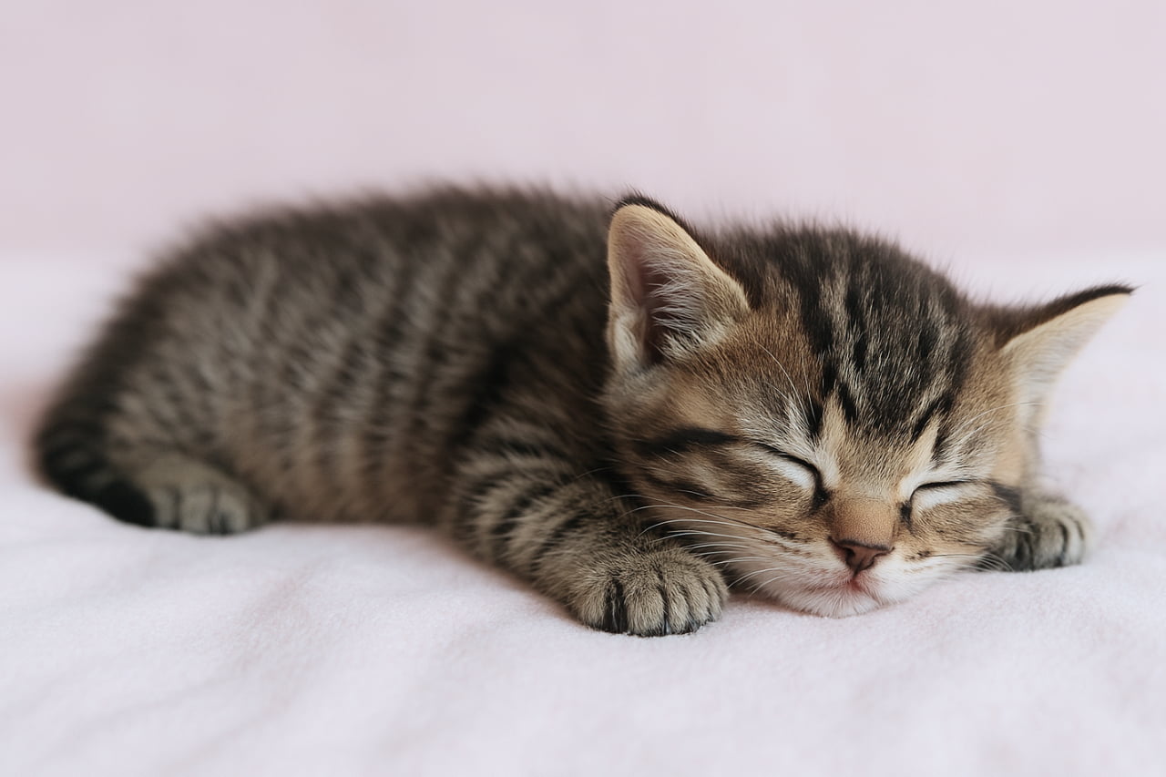 「全力で夢の中へダイブ中💭見事な「スーパーマン寝」が可愛すぎる子猫ちゃんにキュンとしちゃいますね💖 #猫好きさんと繋がりたい #スーパーマン寝 #癒し猫」Ultra-realistic high-quality photograph of a mackerel tabby kitten sleeping peacefully in a superman pose on a soft pastel pink blanket, featuring highly detailed fur texture and a relaxing atmosphere. 淡いピンク色のフリース毛布の上で、うつ伏せになり前足をピンと伸ばした「スーパーマンポーズ」で熟睡するキジトラの子猫。ぎゅっと閉じた瞳やリラックスした口元、ふんわりとした毛並みが克明に描写された高画質な写真です