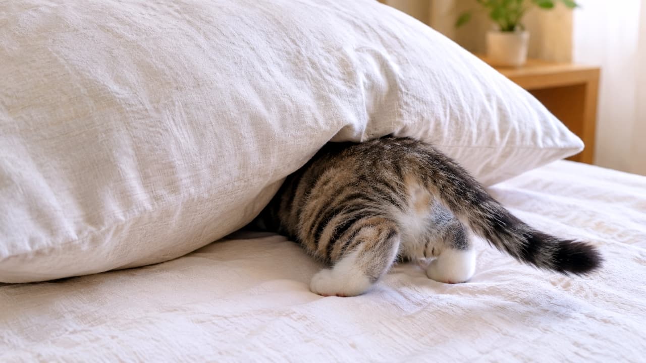 「頭隠して尻隠さず😆ふかふか枕にダイブしたまま寝ちゃったのかな?シマシマしっぽとお尻が可愛すぎる🐈💕 #猫のお尻 #おもしろ猫 #ベッドルーム」Ultra-realistic high-quality photograph of a tabby kitten diving headfirst under a fluffy white pillow on a bright bed, leaving only its striped tail, cute bottom, and white hind paws visible. A humorous and endearing shot full of clean, soft light. 白いシーツのベッドの上で、ふかふかの枕の下に頭からすっぽりと潜り込み、シマシマ模様のしっぽと可愛いお尻、白い靴下を履いたような後ろ足だけを見せている子猫。頭隠して尻隠さずのユーモラスなポーズを捉えた、明るく清潔感のある高画質写真