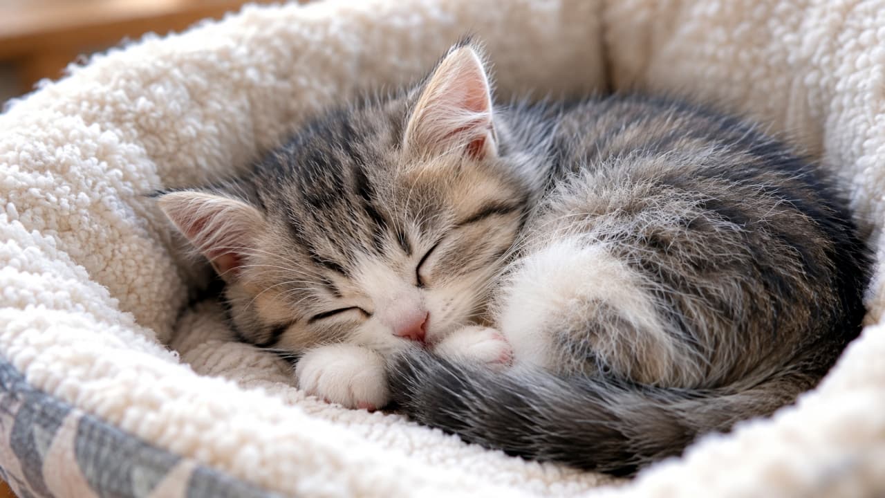 「ふわふわベッドと同化しちゃいそうなくらいモフモフ☁️💤どんな素敵な夢を見ているのかな?🐈✨ #子猫 #猫ベッド #モフモフ」Ultra-realistic high-quality photograph of a brown tabby and white kitten sleeping deeply, curled up compactly in a long-pile, off-white round pet bed. The kitten's soft fur blends with the bed's fluffy texture. Its pink nose and closed eyes convey total peace, illuminated by gentle, warm natural light. 毛足の長いオフホワイトの丸いペット用ベッドの中で、体を小さく丸めて熟睡するキジトラ白の子猫。柔らかな被毛がベッドの起毛素材と同化するほどふわふわで、ピンク色のお鼻と閉じた瞳が深い安らぎを感じさせます。優しく暖かい自然光に包まれた高画質写真
