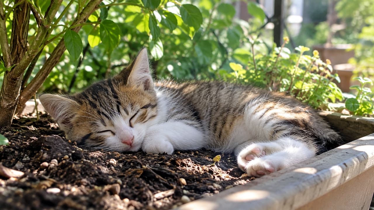 「植木鉢の中が今日の特等席🪴✨ひんやりした土のベッドでお昼寝中の子猫ちゃん。無防備な肉球がたまりません🐈💤 #猫のいる暮らし #お昼寝 #ガーデニング」Ultra-realistic high-quality photograph of a tabby and white kitten sleeping peacefully on the soil inside a large planter pot. Sheltered by green leaves, it exposes its white paws and rests comfortably in the dappled sunlight, highlighting the texture of the earth and fur. 植物の緑の葉の陰になった日だまりの植木鉢の中で、ふかふかの土の上をベッドにして眠るキジトラ白の子猫。顔を土の表面に寄せ、白い前足の肉球を見せながら安心しきって眠っています。木漏れ日と自然の温かみ、土の質感がリアルに感じられる高画質写真