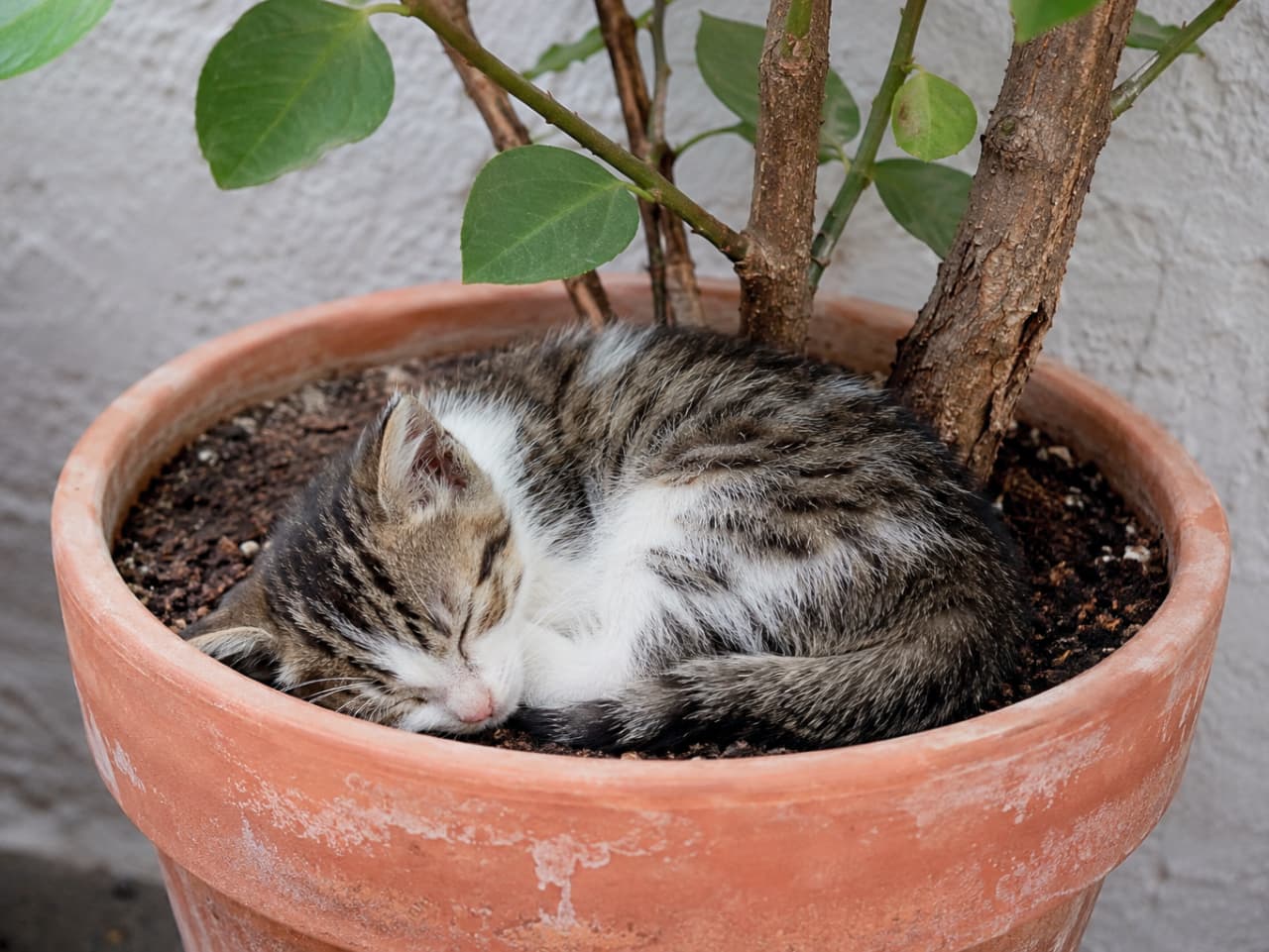 「そこは君のベッドじゃないよ〜！🤣 でも土の匂いがして落ち着くのかな？立派な「猫草」ならぬ「猫花」が咲きそうです🌸🐾」Ultra-realistic high-quality photograph of a tabby and white kitten sleeping peacefully curled up on the dirt inside a terracotta plant pot. The natural textures of the soil, the green leaves, and the rustic pot perfectly complement the kitten's soft fur. 大きなテラコッタの植木鉢の中で、木の根元に沿うようにして丸まって眠るキジ白の子猫。ふかふかの土のベッドに顔を埋める無防備な姿と、鮮やかな緑色の葉、鉢の素焼きの素朴な質感が自然の恵みを感じさせます。猫の柔らかな毛並みと自然物の対比が美しい、オーガニックな雰囲気の高精細な写真です