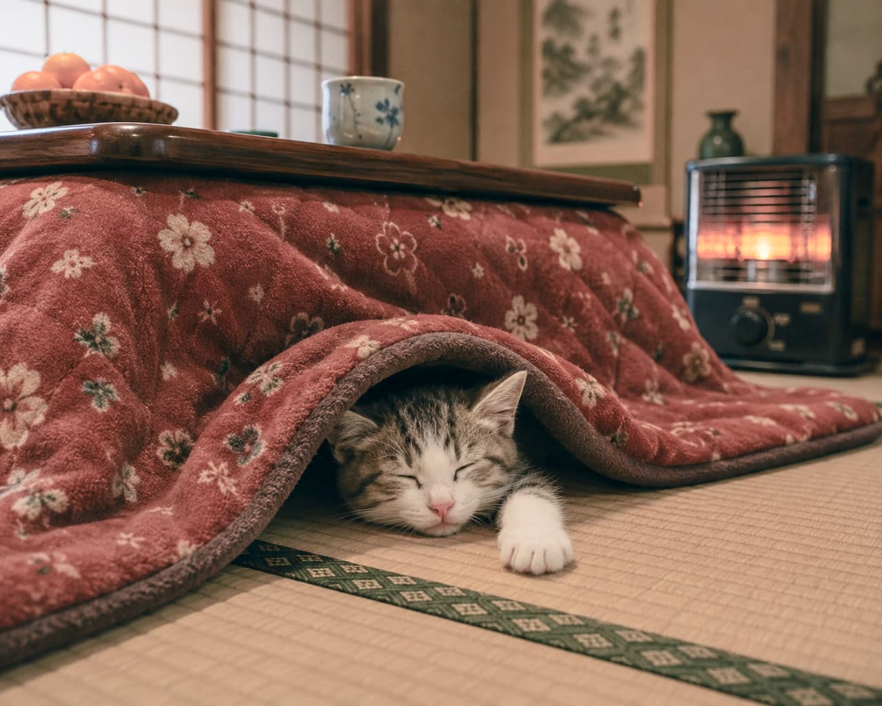 「「こたつで丸くなる」の正解はコレ！💯 ぬくぬくのお布団から出たお手々が愛おしすぎる…冬の幸せが詰まってますね🍵🍊」Ultra-realistic high-quality photograph of a tabby and white kitten sleeping under a retro red floral kotatsu blanket in a traditional Japanese room. The warm glow of an electric heater, tangerines, and a teacup in the background create a nostalgic and cozy winter atmosphere. 昔ながらの和室で、レトロな赤い花柄のこたつ布団の隙間から顔と片方の前足だけを出して眠るキジ白の子猫。奥には電気ストーブの温かいオレンジ色の光と、こたつ板の上の湯呑みやカゴ盛りのみかんが配置され、日本の冬の風物詩を見事に表現しています。ノスタルジックで温かみのある情景が広がる高精細な写真です