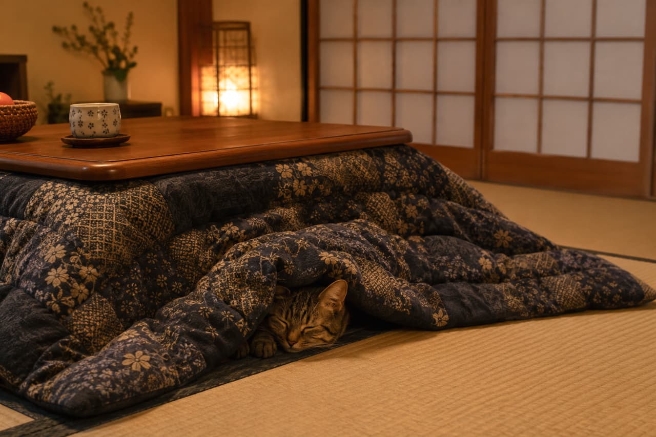 「間接照明の優しい光とこたつの魔力…これはもう絶対に起きられないやつですニャ💤 障子の向こうは雪景色かな？❄️」Ultra-realistic high-quality photograph of a tabby cat sleeping soundly under a chic navy kotatsu blanket in a traditional Japanese room with shoji screens. The soft, warm glow from a background paper lantern creates a deeply relaxing and nostalgic mood. 障子のある落ち着いた和室で、シックな紺色の和柄こたつ布団に潜り込み、顔だけを出してスヤスヤと眠るキジトラ猫。背景には間接照明の行灯（あんどん）が柔らかく灯り、部屋全体をノスタルジックで温かい光で包み込んでいます。猫の額のＭ字模様やヒゲの1本1本まで鮮明に映し出された、情緒溢れる高品質な一枚です