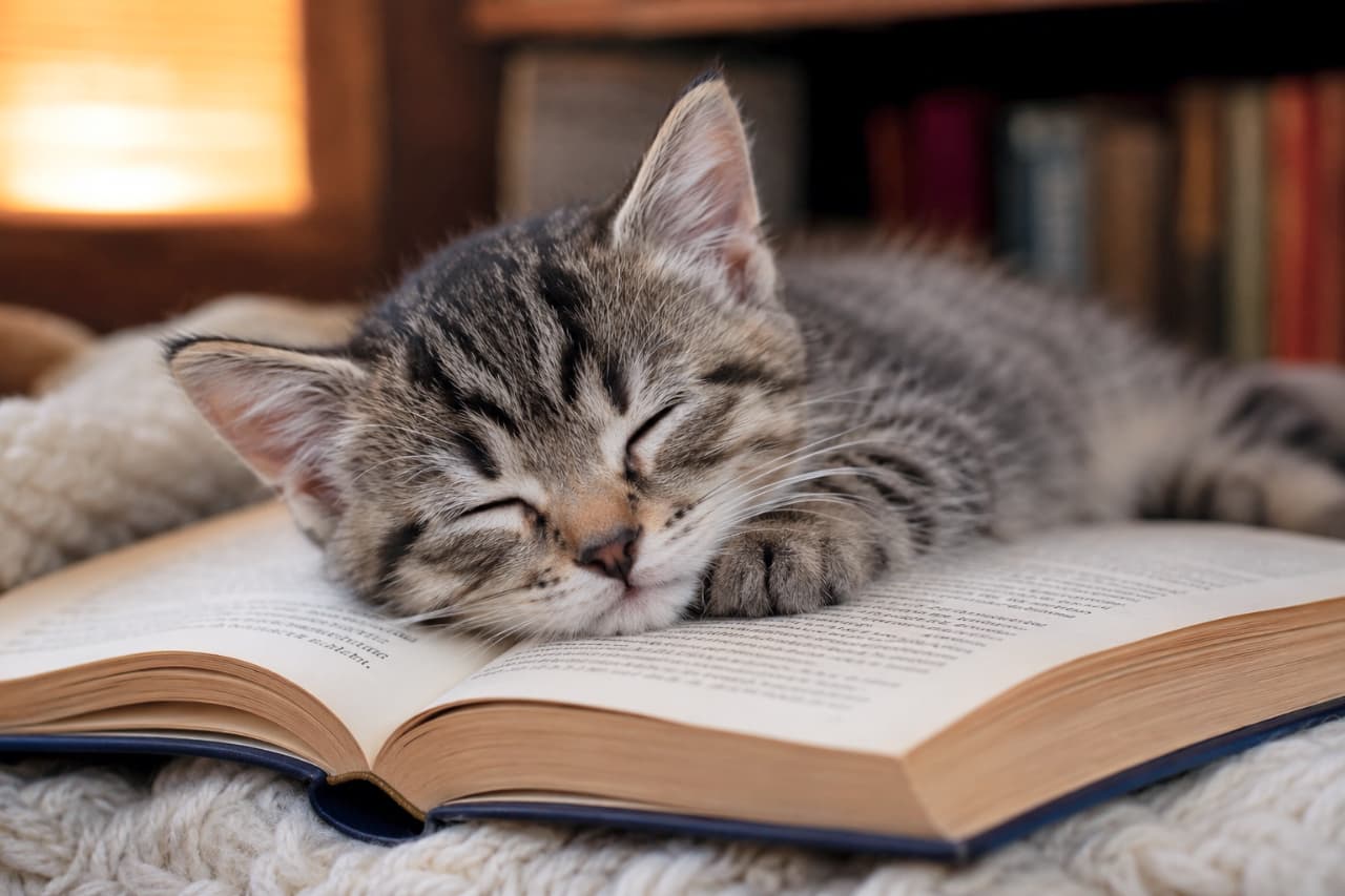 「お勉強頑張ってたのに、活字の魔力には勝てなかったみたいニャ…📚🐾 一生懸命な寝顔に花丸をあげたい！💮」Ultra-realistic high-quality photograph of a cute tabby kitten sleeping with its chin resting on an open book. The blurred background features a bookshelf and warm, amber lighting, creating a cozy, intellectual, and intensely adorable atmosphere. 開かれた分厚い洋書の上に顎と前足をちょこんと乗せ、すやすやと眠りに落ちたキジトラの子猫。背景にはぼやけた本棚と、窓から差し込む夕暮れ時のような温かいアンバーの光が描かれています。ふんわりとした柔らかな被毛の質感と、文字が敷き詰められたページとのコントラストが知的な可愛さを演出する写真です